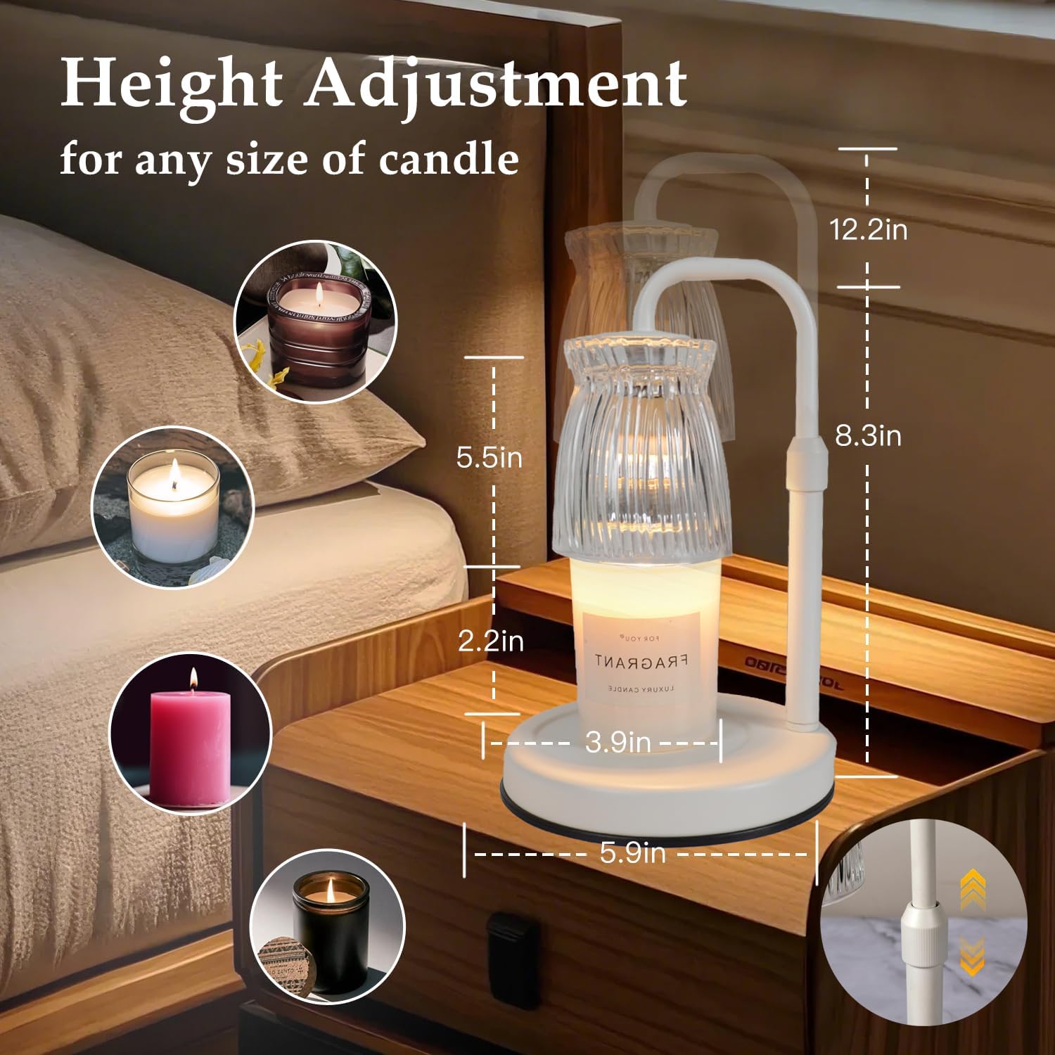 Shering White Candle Warmer Lamp with Timer & Dimmable - Metal Base & Glass Shade, Adjustable Height Wax Melter for Jar