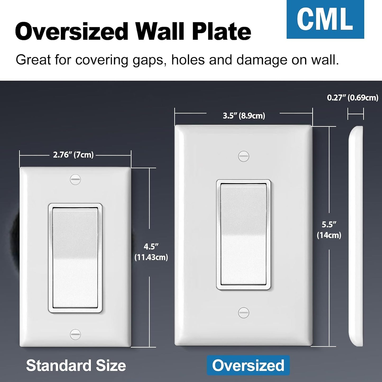 CML Oversized Decorator Wall Plate, 20 Pack Electrical Outlet Receptacle Covers, Jumbo 1-Gang Switch Plates, Over-Size