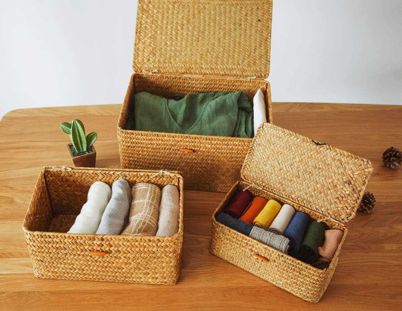 Compact Handwoven Seagrass Storage Bins Rectangular Wicker Basket / Set of 3