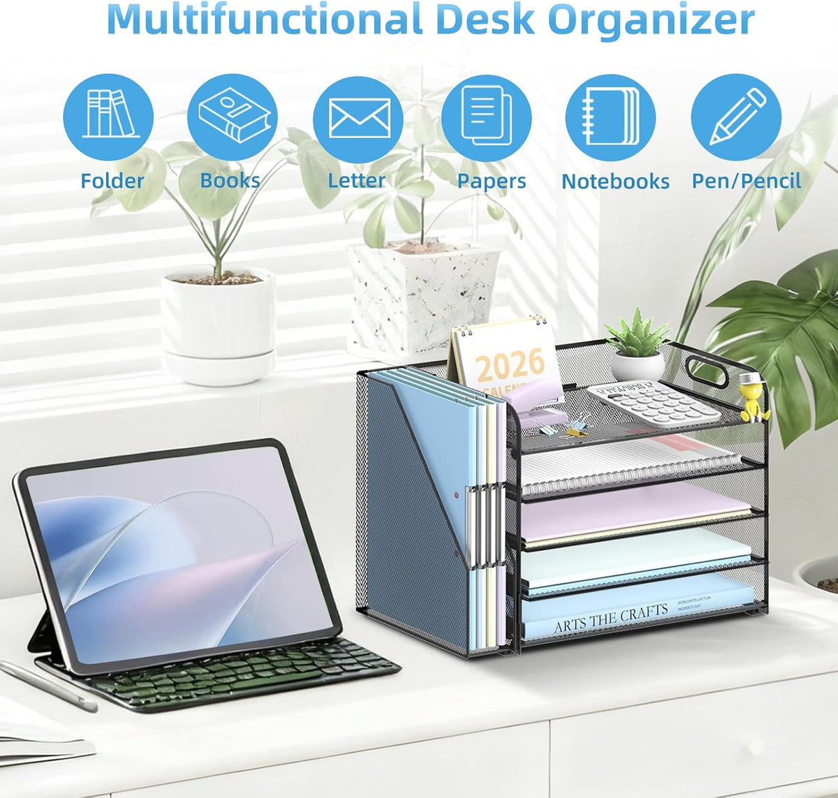5-Tier Desk Organizer with File Holder, Paper Organizer for Desk, Black | 5 Letter Trays and Vertical File Holder with