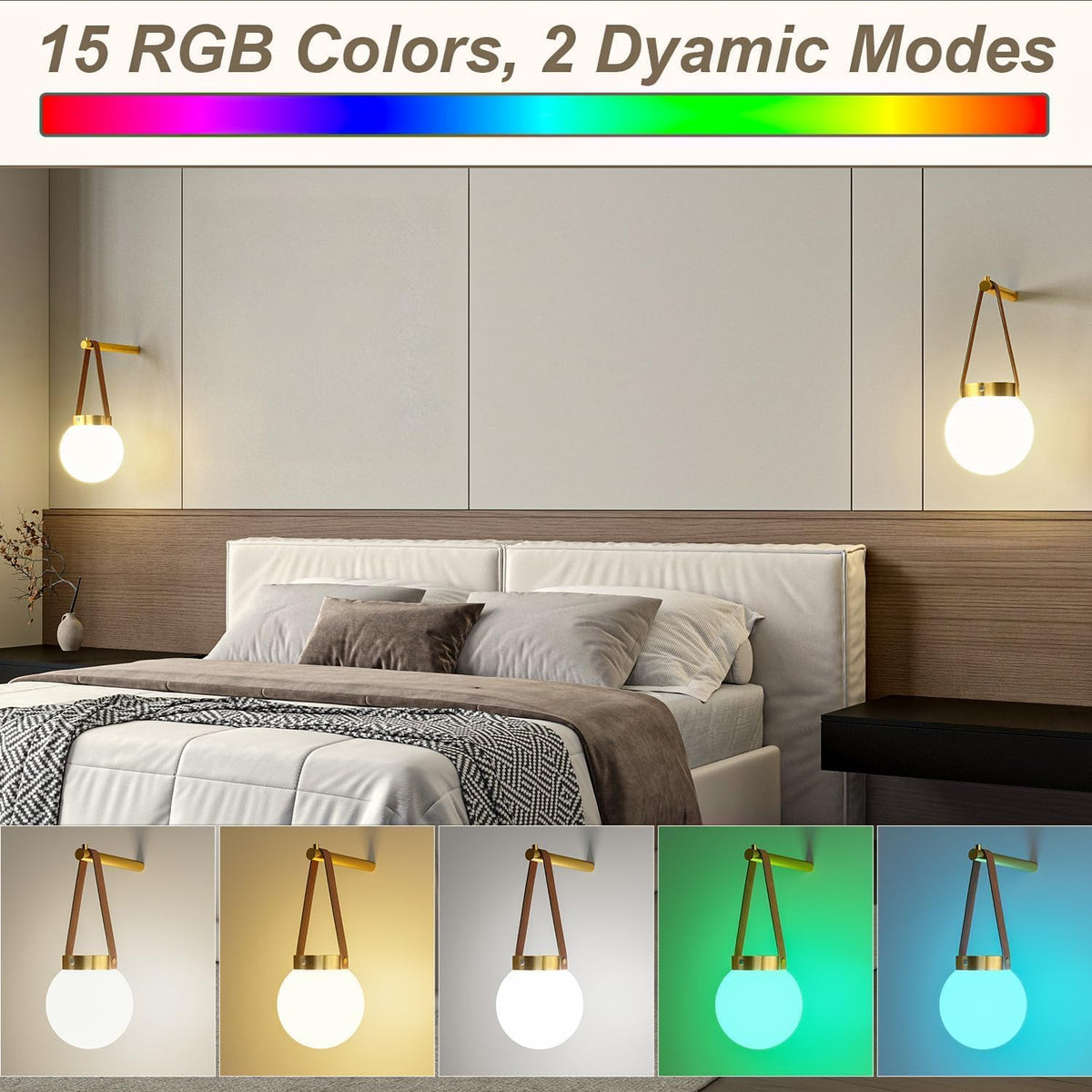 Battery Operated Wall Sconces Set of 2, Gold Wall Lamps for Bedroom with Remote Control Warm/Natural/Daylight/RGB 15