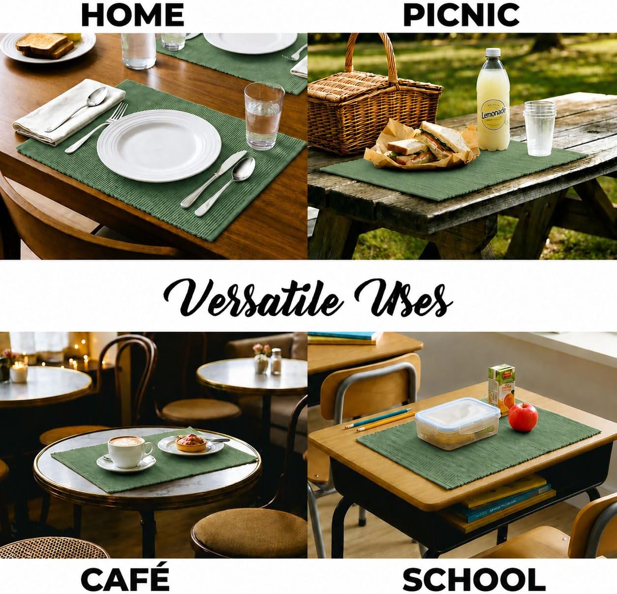 100% Cotton Ribbed Placemats - Set of 4-13 x 19 Inches - Green - Everyday/Christmas Cloth Table Mats - Thick