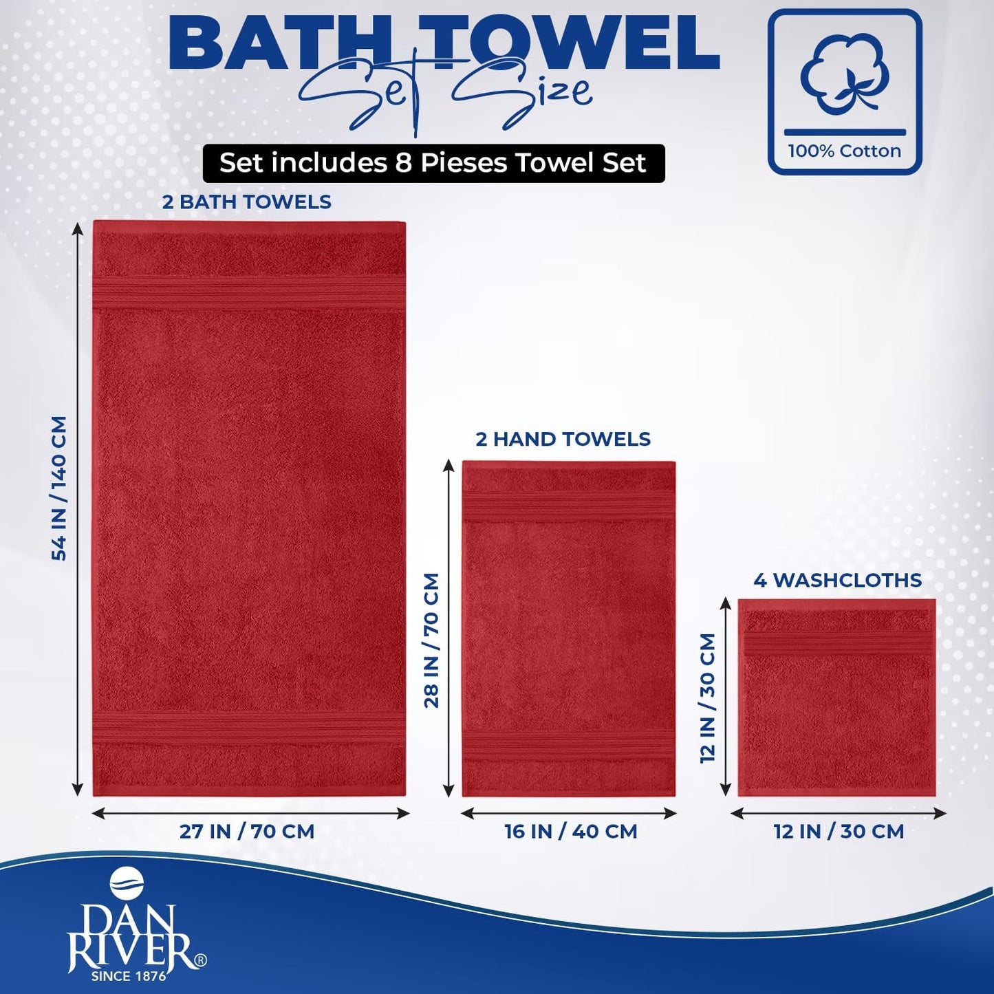 DAN RIVER 8 Piece Luxury Bath Towels for Bathroom, Towel Set, Red | 2 Bath towels, 2 Hand towels, and 4 Wash Cloths