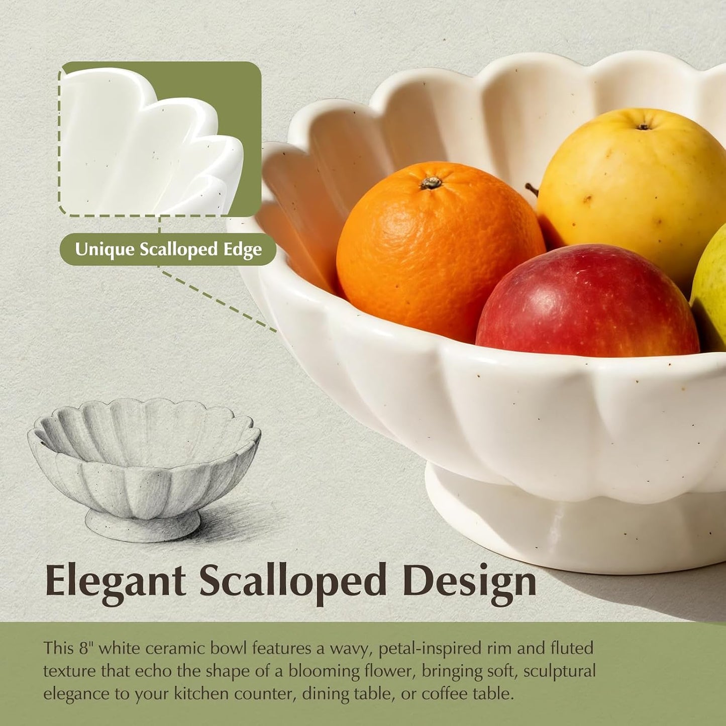 8- Medium Fluted Ceramic Decorative Bowl / Cream White