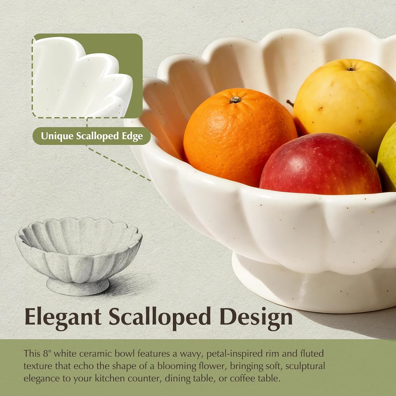 8- Medium Fluted Ceramic Decorative Bowl / Cream White