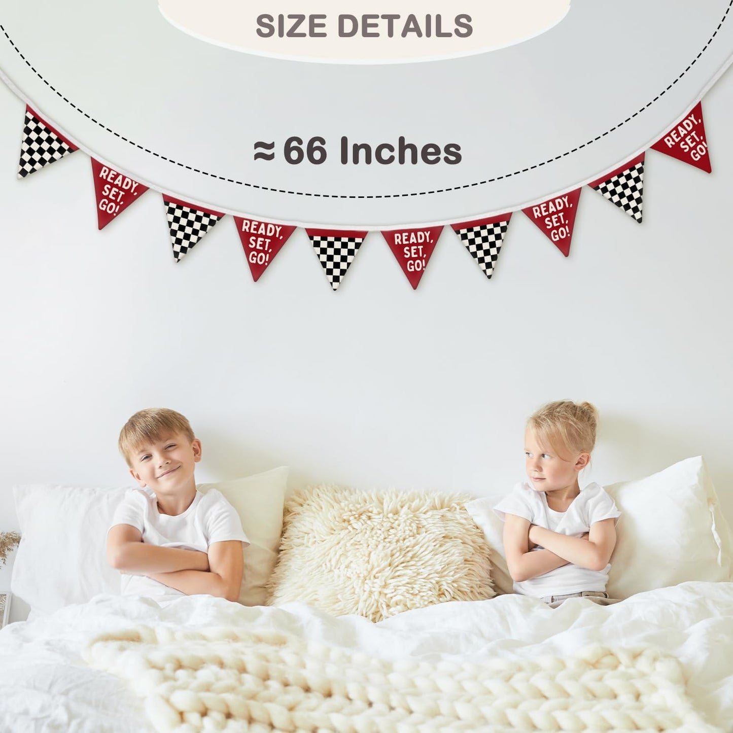 Race Car Room Decor for Boys Canvas Linen Garland / Checkered - Ready Set Go / Black / 5.5 Inch