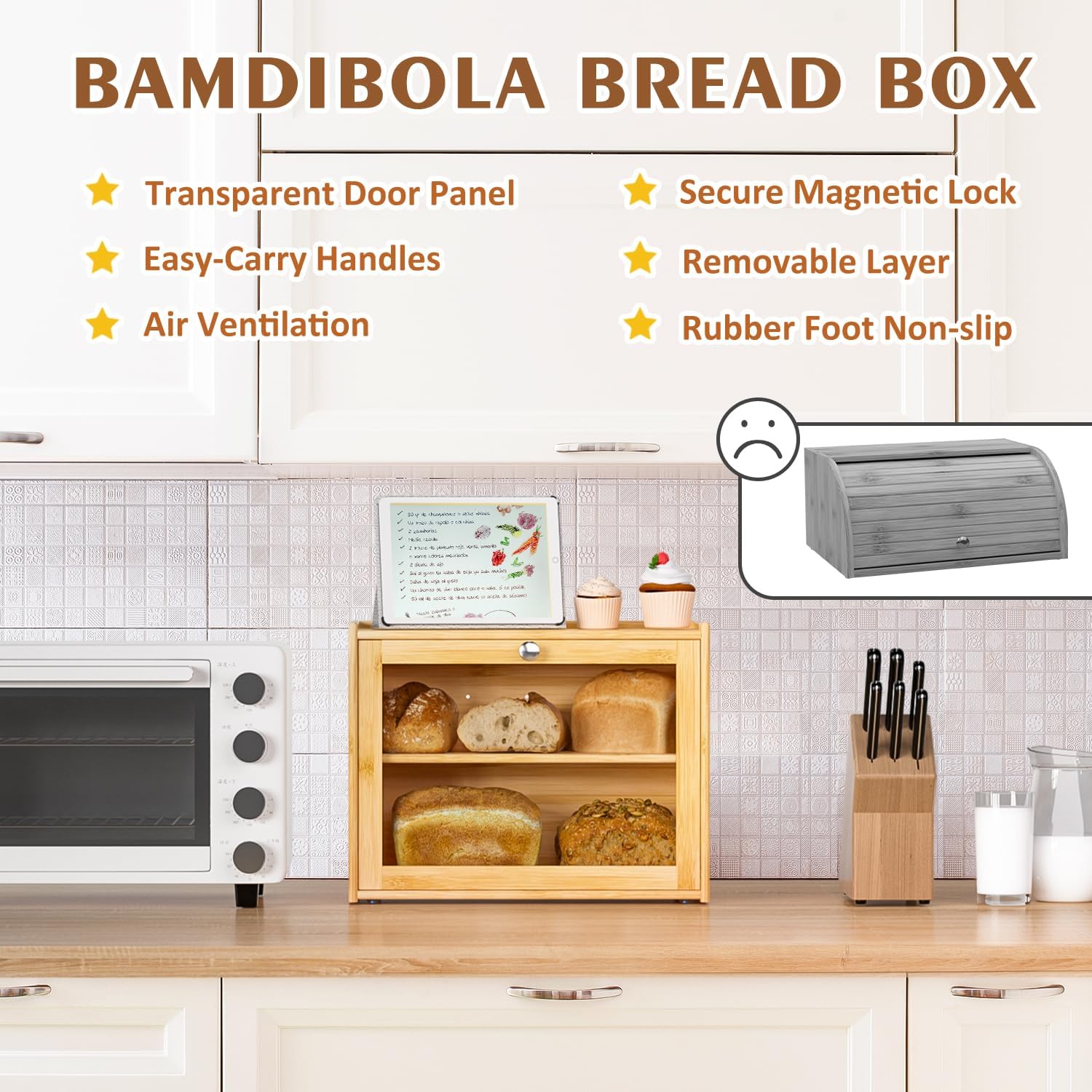 Bread Box for Kitchen Countertop, Double-layers large Bread Container with Transparent Door, Bread Storage&Multiple