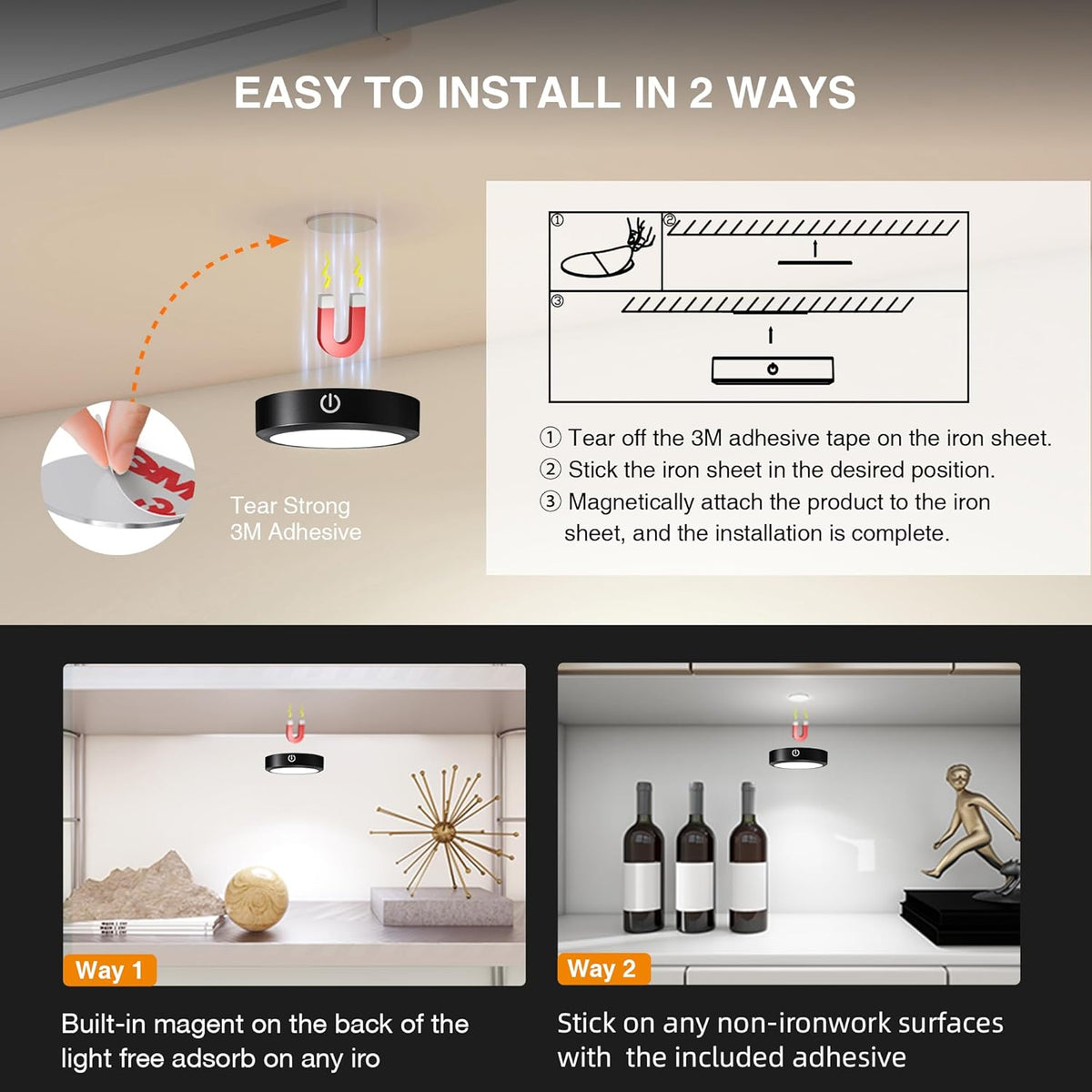 Puck Lights with Remote Control Rechargeable, Full-Screen Wireless LED Under Cabinet Lighting with Light Guide Plate,3