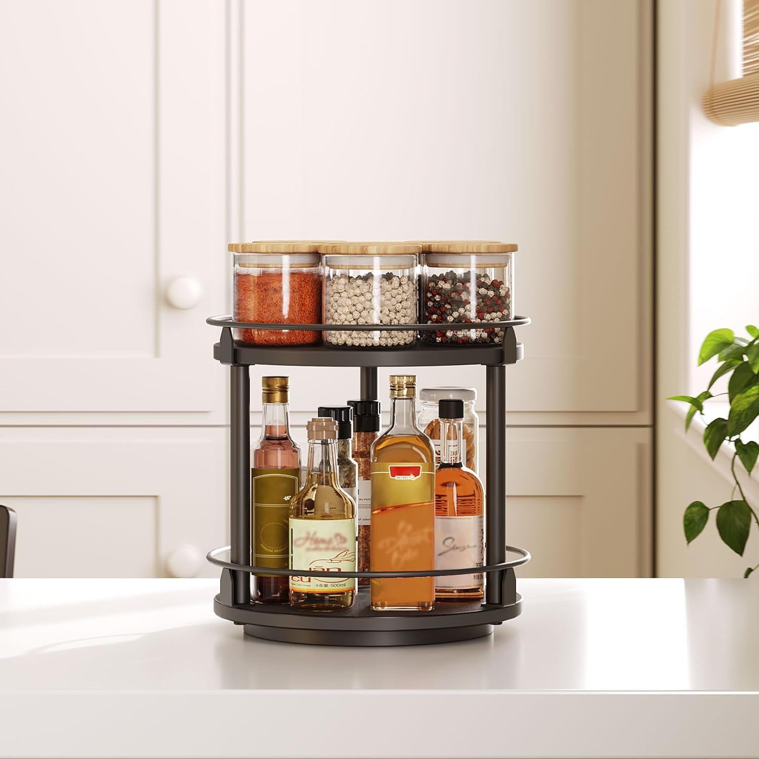 Lazy Susan Organizer, Rotating Spice Rack, 2 Tier Spice Turntable Organizer, Industrial Turntable Spice Holder, for
