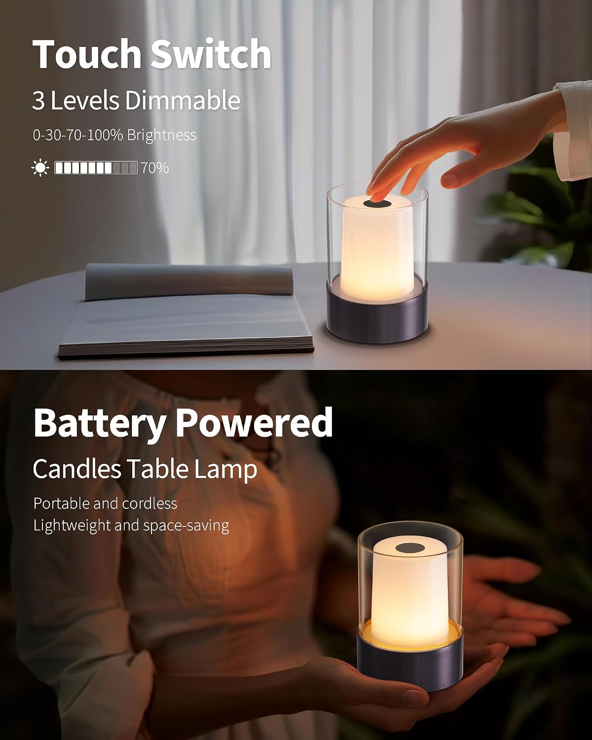 4" Black Cordless Table Lamp Set of 2, Outdoor Rechargeable Lamp | LED, Battery Operated, Portable, Touch Night Light