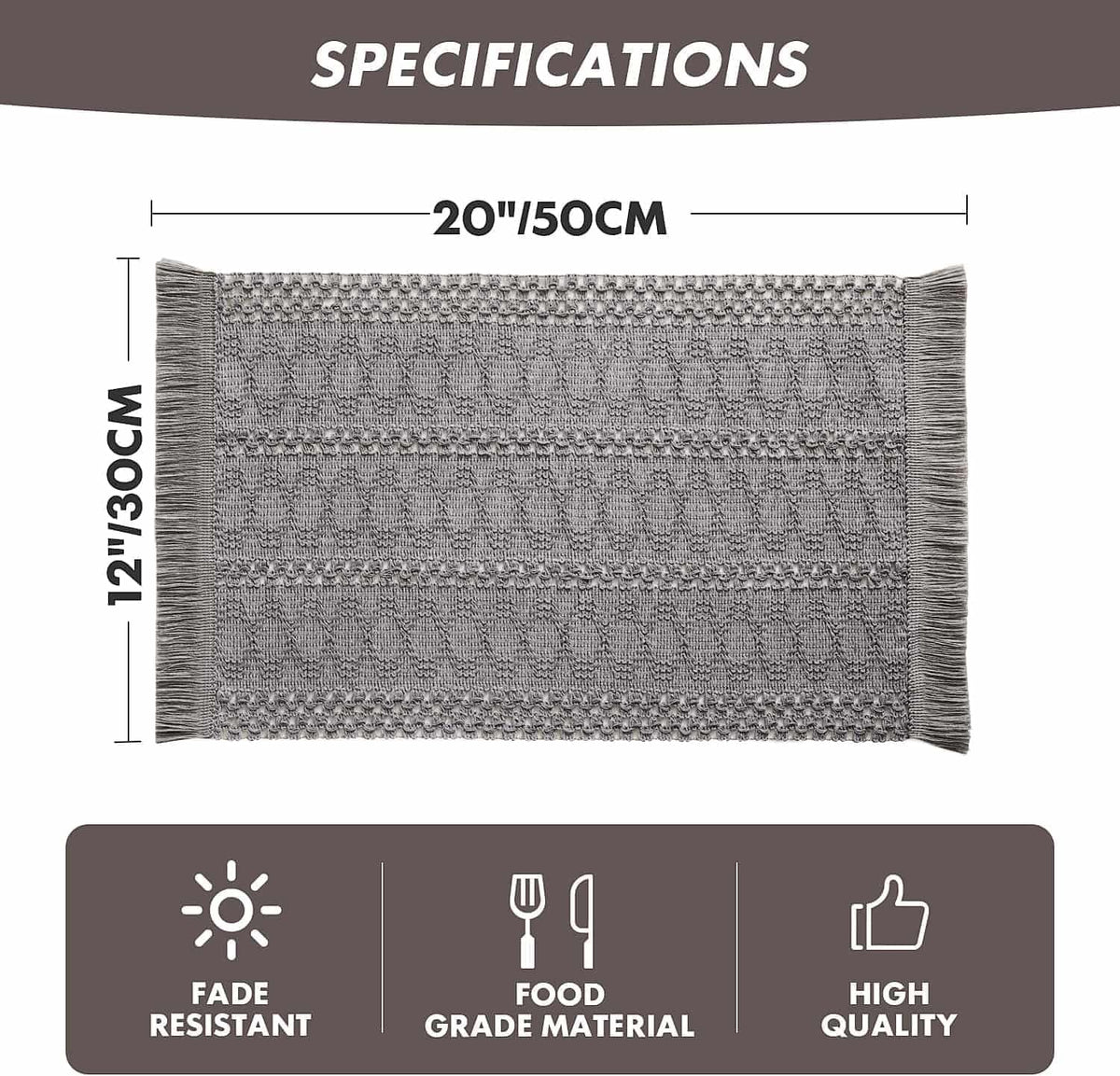 Macrame Style Boho Placemats Set of 6, Grey 12x20 Inch | Decorative Farmhouse Table Mats, Natural Cotton Woven Place