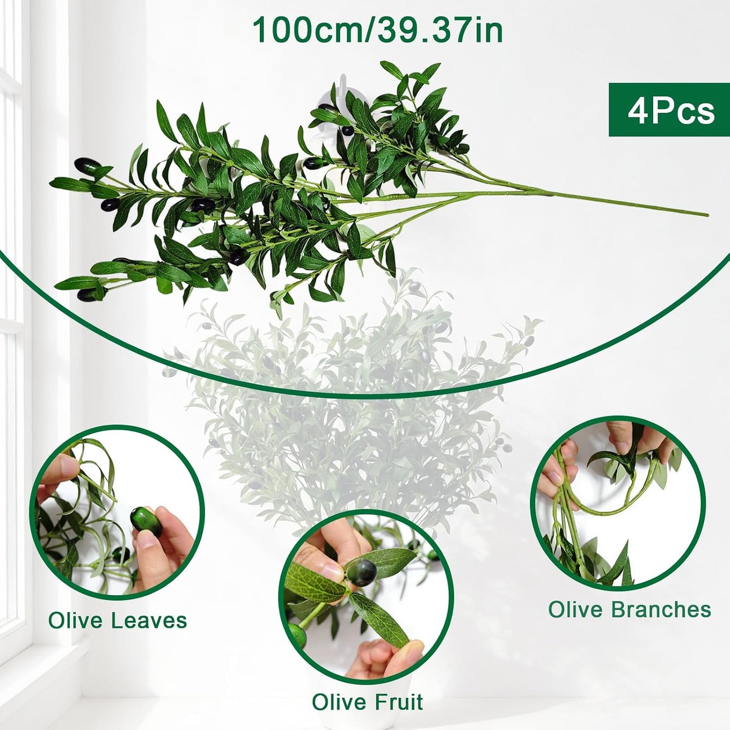 Olive Tree Branches for Vase Artificial Greenery Stems Realistic Faux Olive / 39 Inch / Set of 4