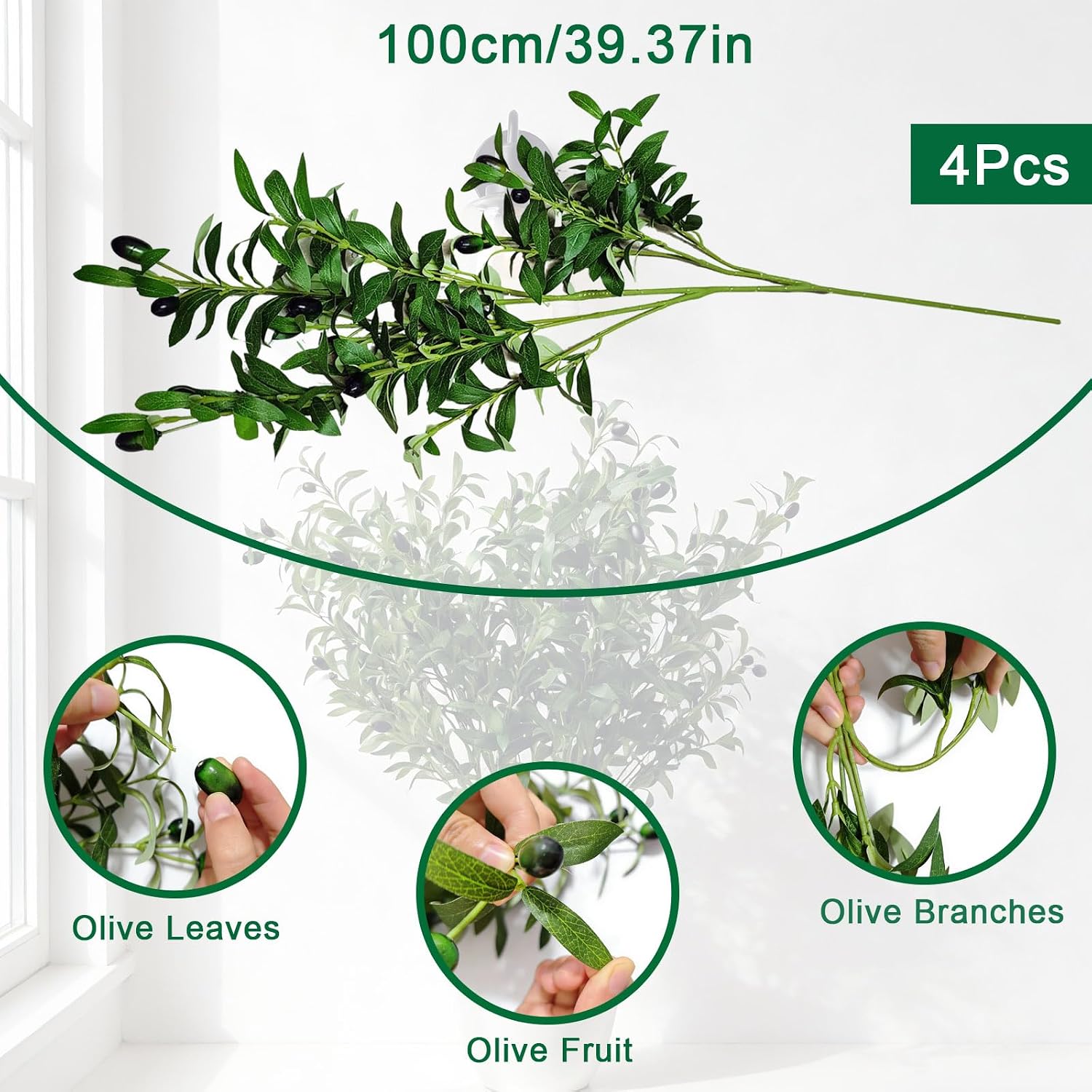 Olive Tree Branches for Vase Artificial Greenery Stems Realistic Faux Olive / 39 Inch / Set of 4