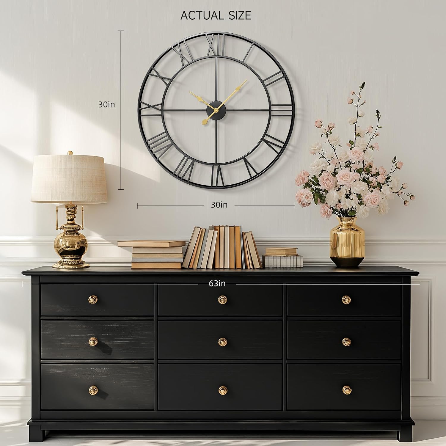 Cuspin Large Wall Clock 30 Inch for Living Room Decor, Black Roman Numeral | Modern metal round,battery operated,silent