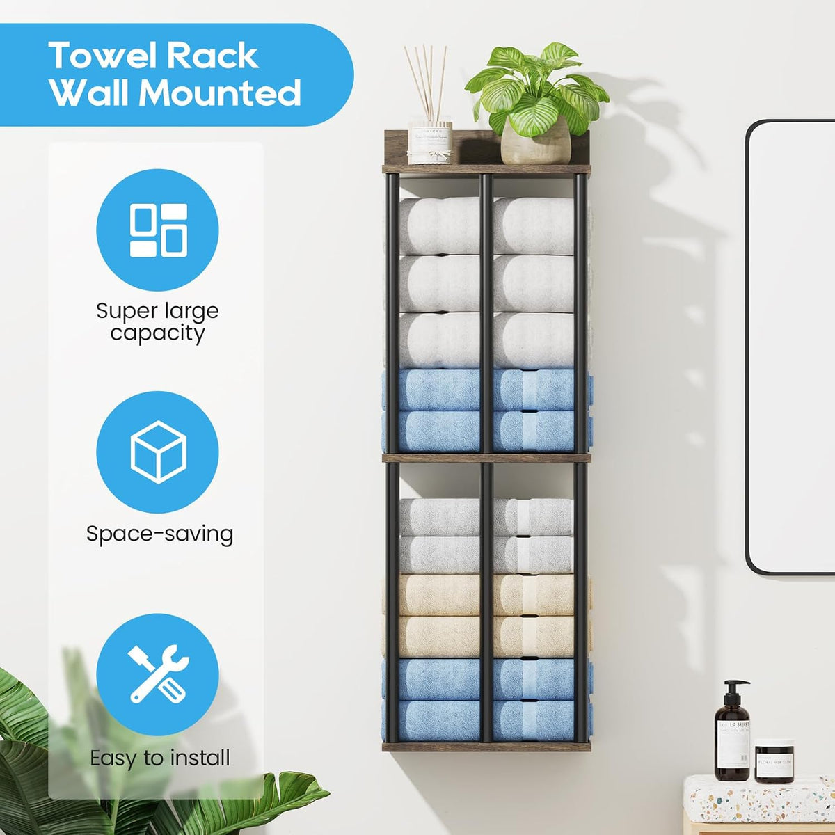Towel Racks for Bathroom Wall Mounted with Wooden Storage Shelf | Updated 3 Bar Metal Towel Holder for Rolled Towels