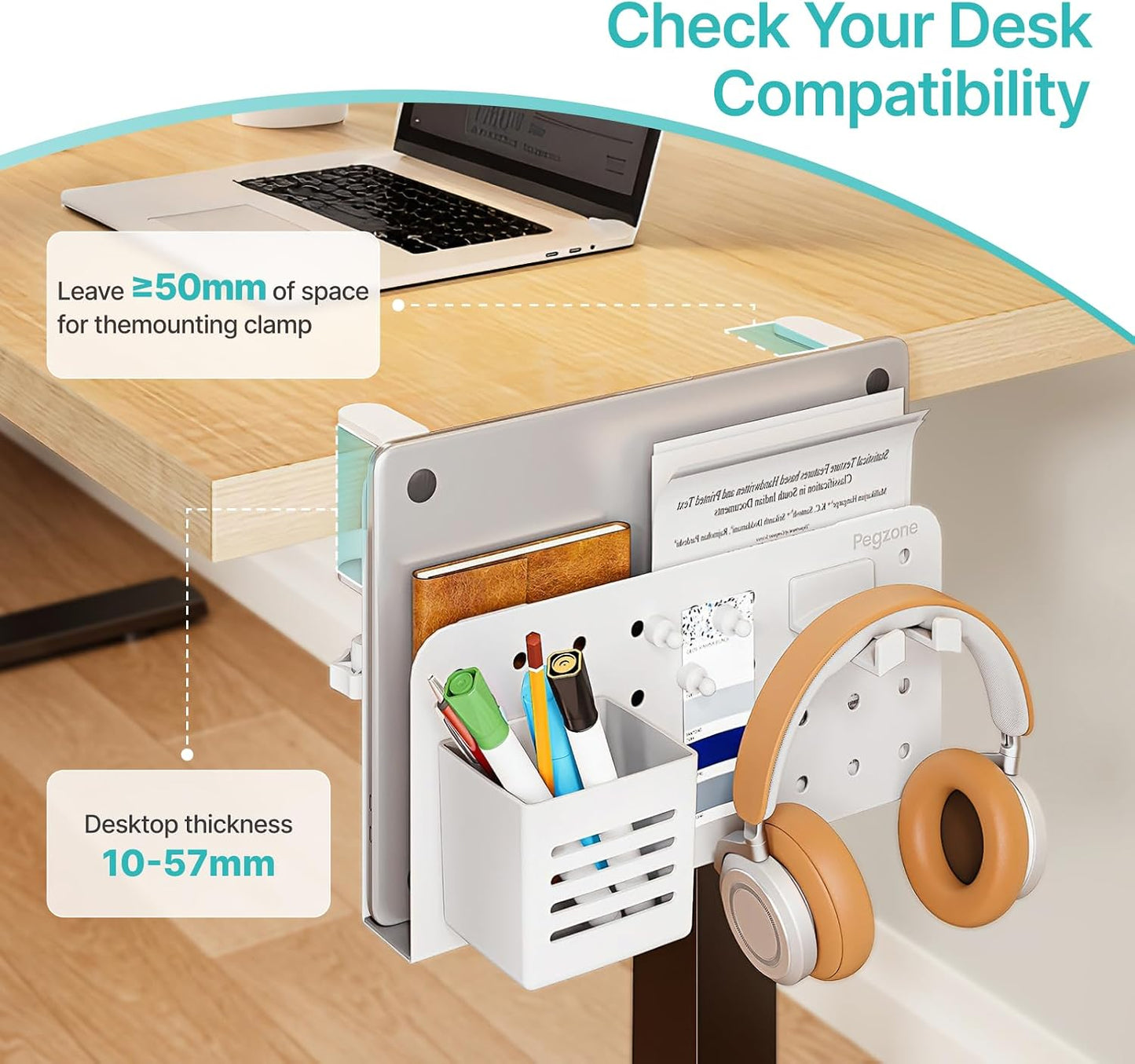 Desk Side Storage Organizer, Fits Flat Edge 0.4" to 2.2", White | No Drill Under Desk Laptop Holder, Clamp on Desks