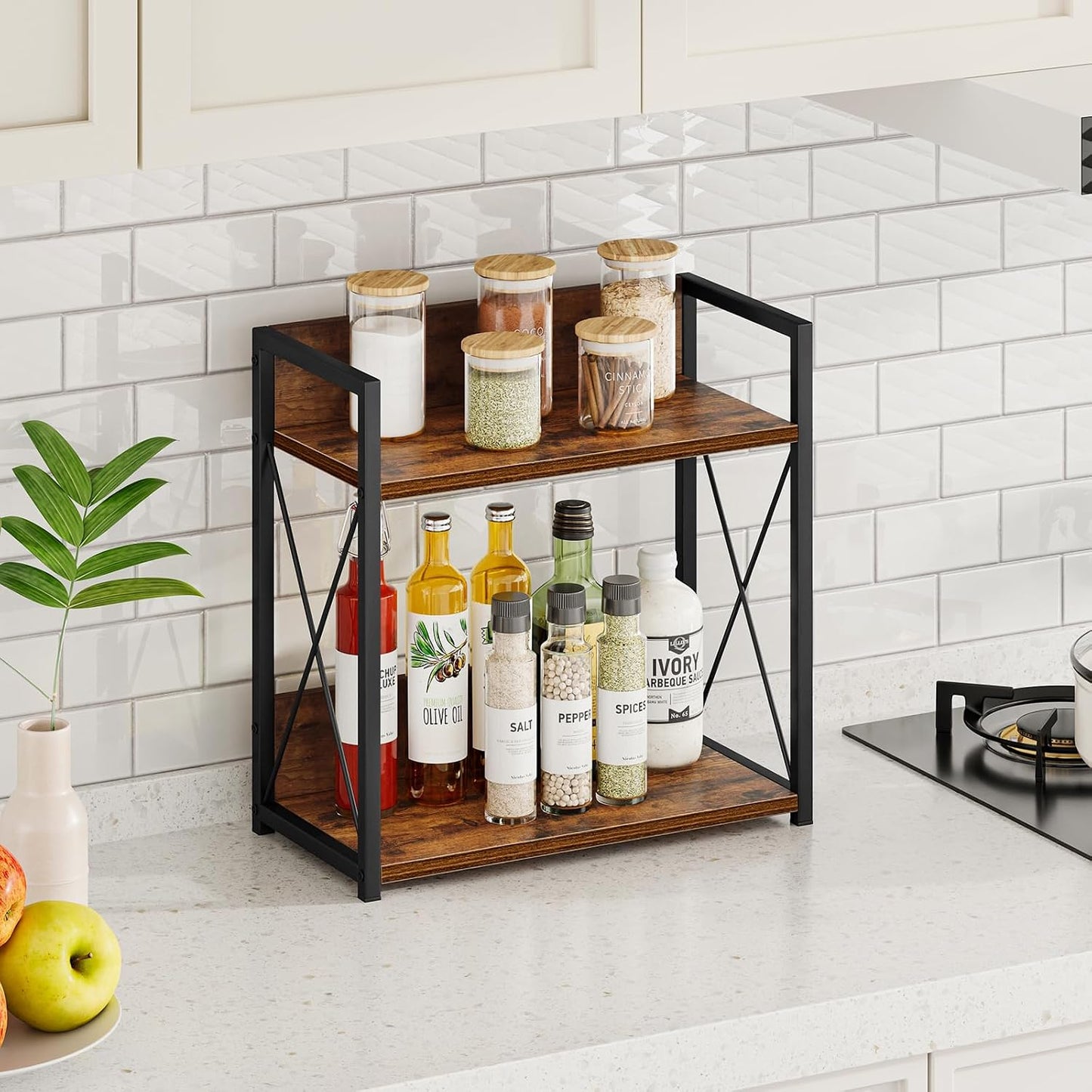 Giikin Kitchen Counter Shelf, Kitchen Countertop Organizer, 2 Tier Spice Rack for Counter, Wood Coffee Bar Organizer