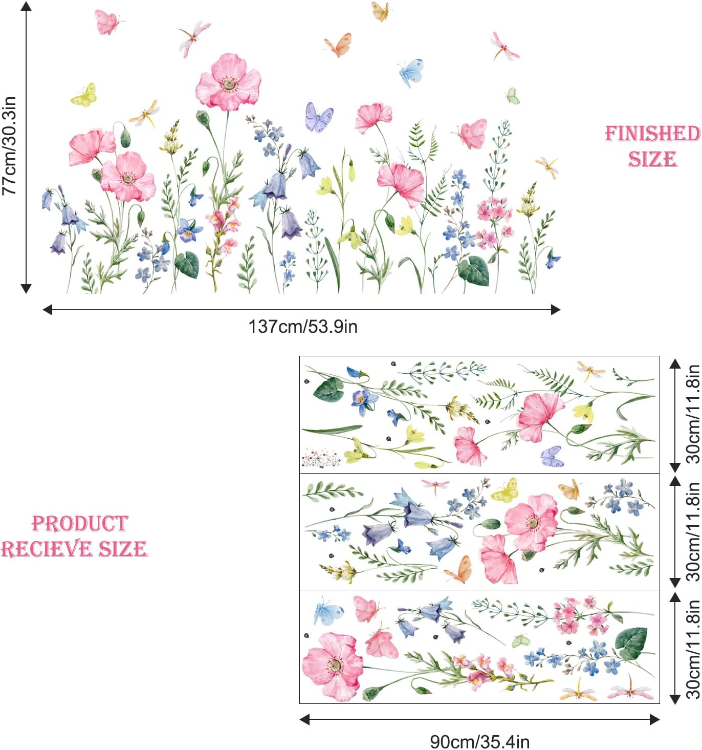 Watercolor Wildflower Wall Decals Colorful Garden Flower Grass Butterflies Wall / Pink Wildflower