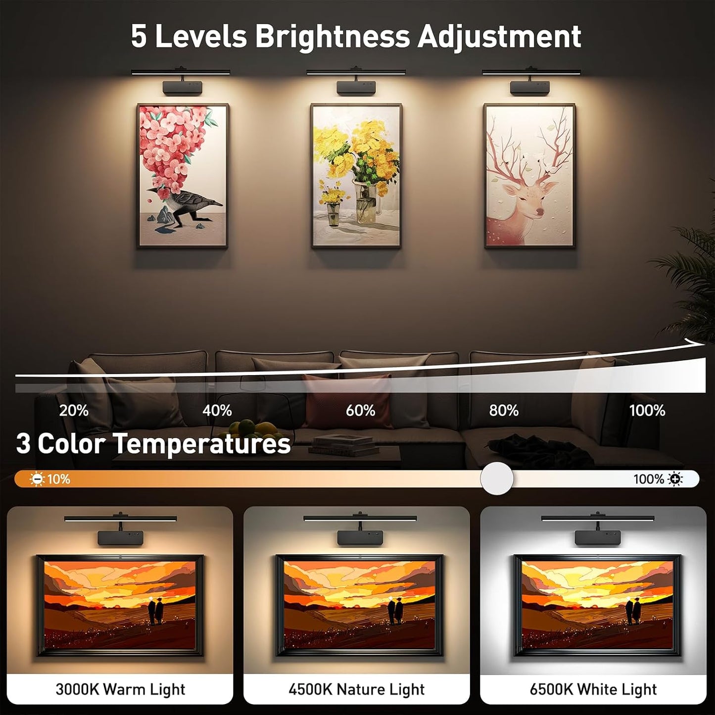 Picture Light, 15.35inch Wireless Picture Lights for Wall Rechargeable, 5400mAh Battery Wall Light with Remote, 3 Color