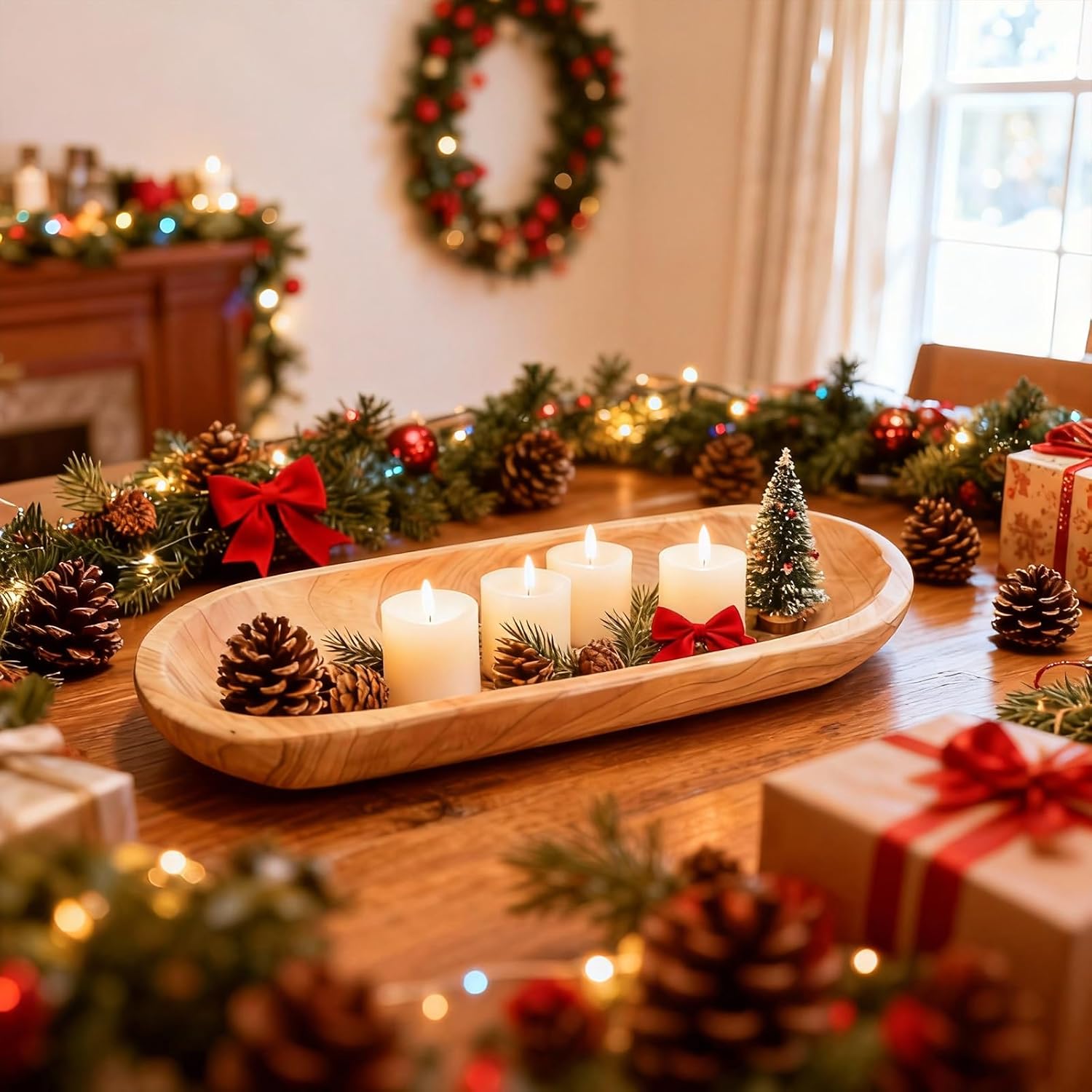 14.17" Decorative Tray Wooden Middle Fruit Bowl For Decor Oval Rustic Wooden Candle Holder Key Candy