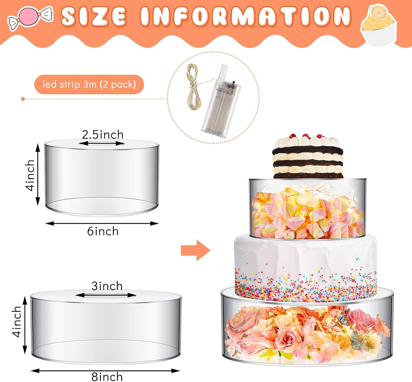 Sunnyray 2 Pcs Acrylic Cake Stands for Dessert Table Clear Fillable Cake Riser Cupcake Tier with LED Strings for