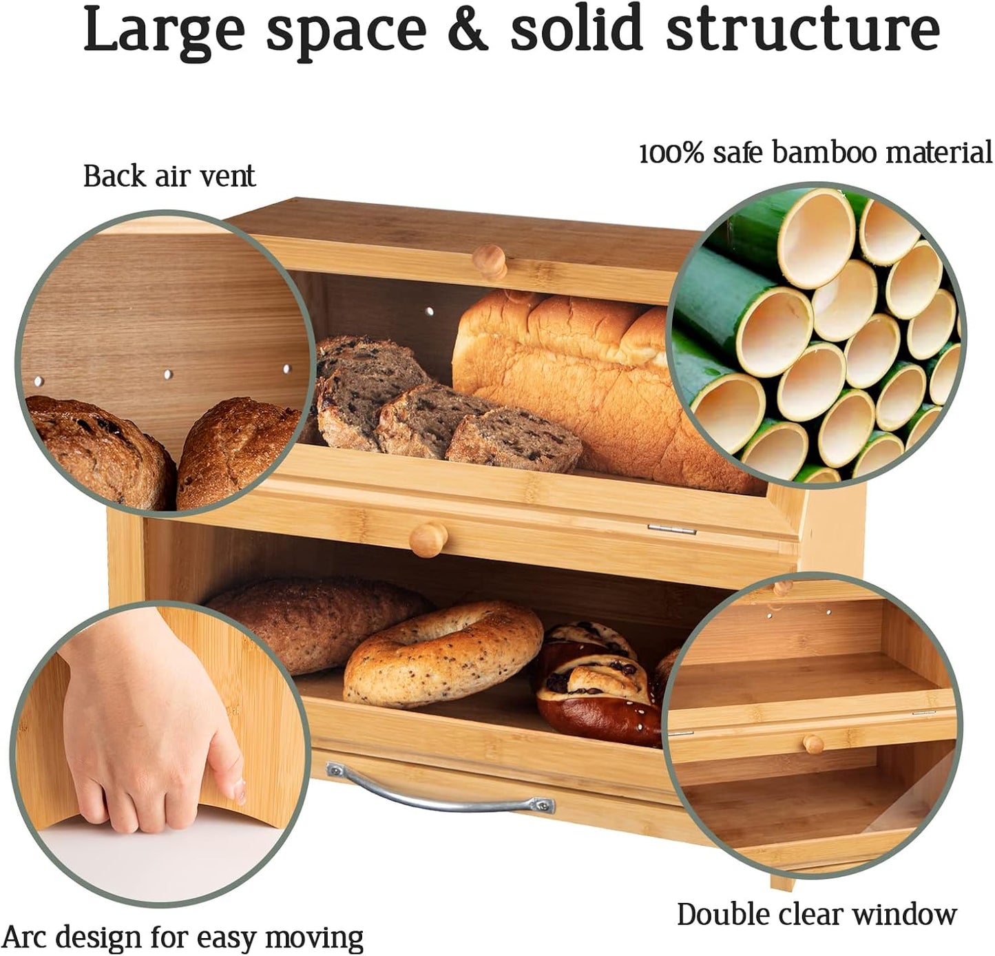 MAISONPEX Double Layer Bamboo Bread Box for Kitchen Countertop, Cutting Board, and Stainless Steel Bread Knife, Large