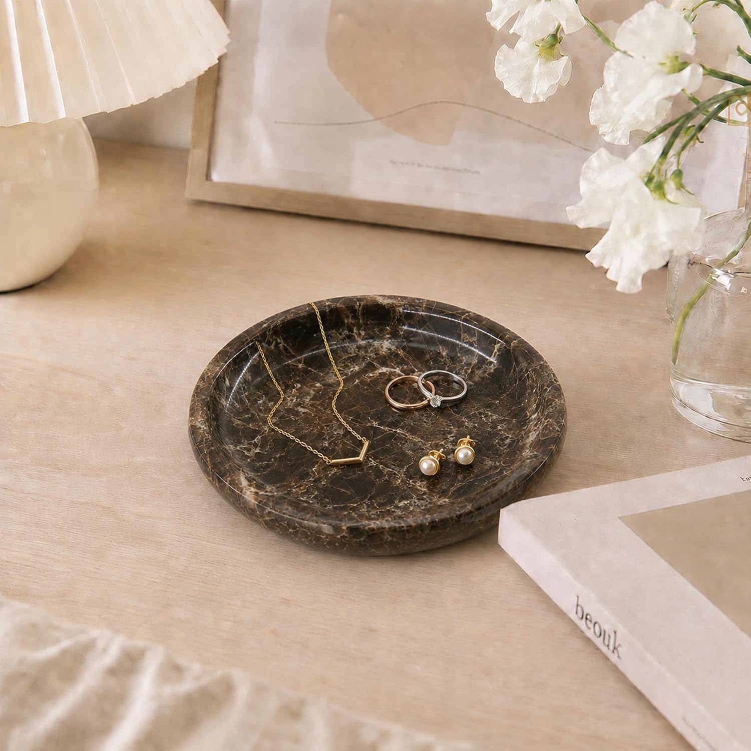 Small Natural Marble Jewelry Tray Key Plate Holder Dish Trinket Decor Catch All Bowl / Dark Brown