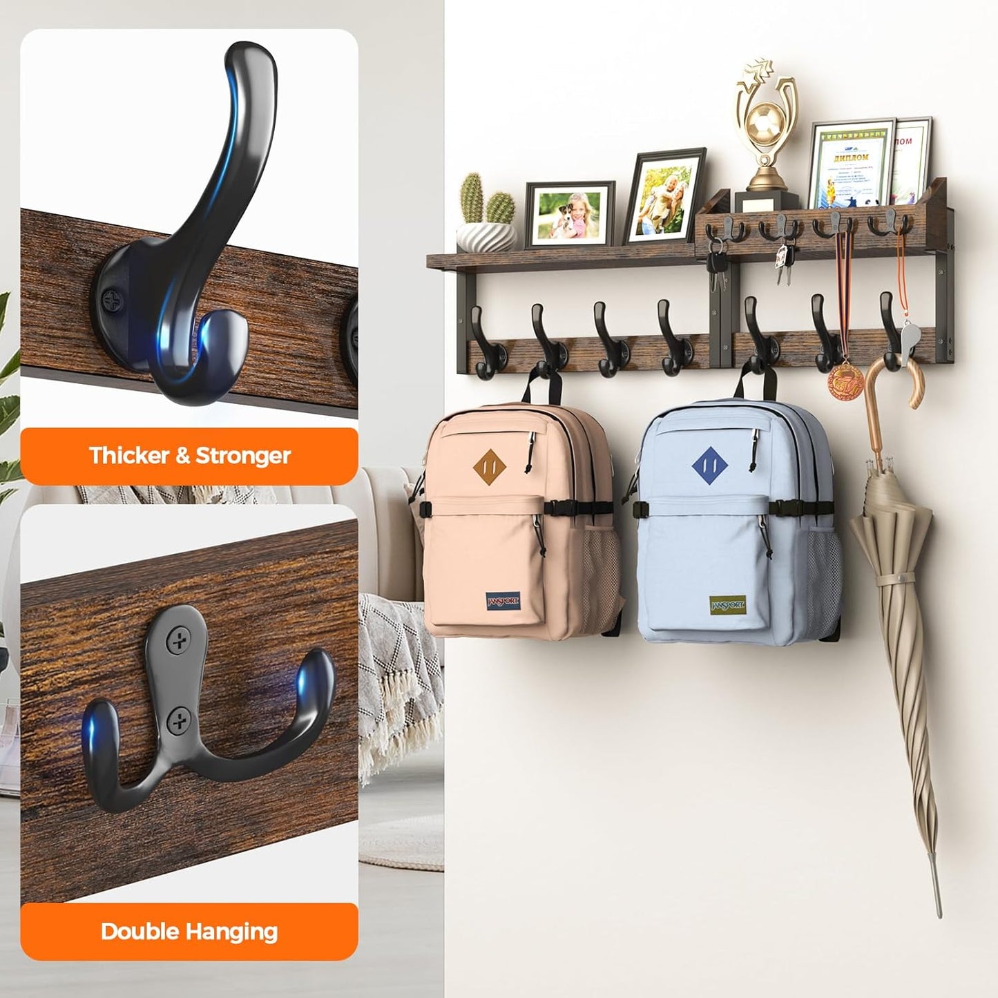 11 Metal Hooks / Rustic Brown / 29 Inch / 4 Inch