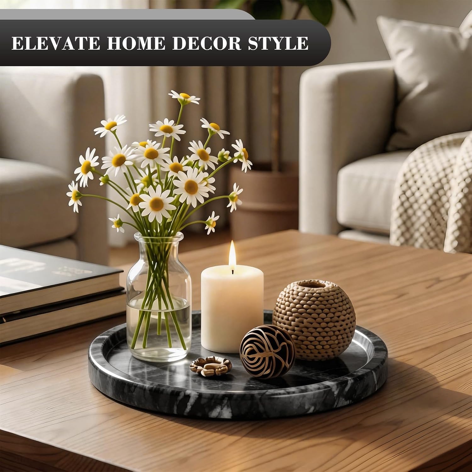 Natural Round Marble Tray / Black