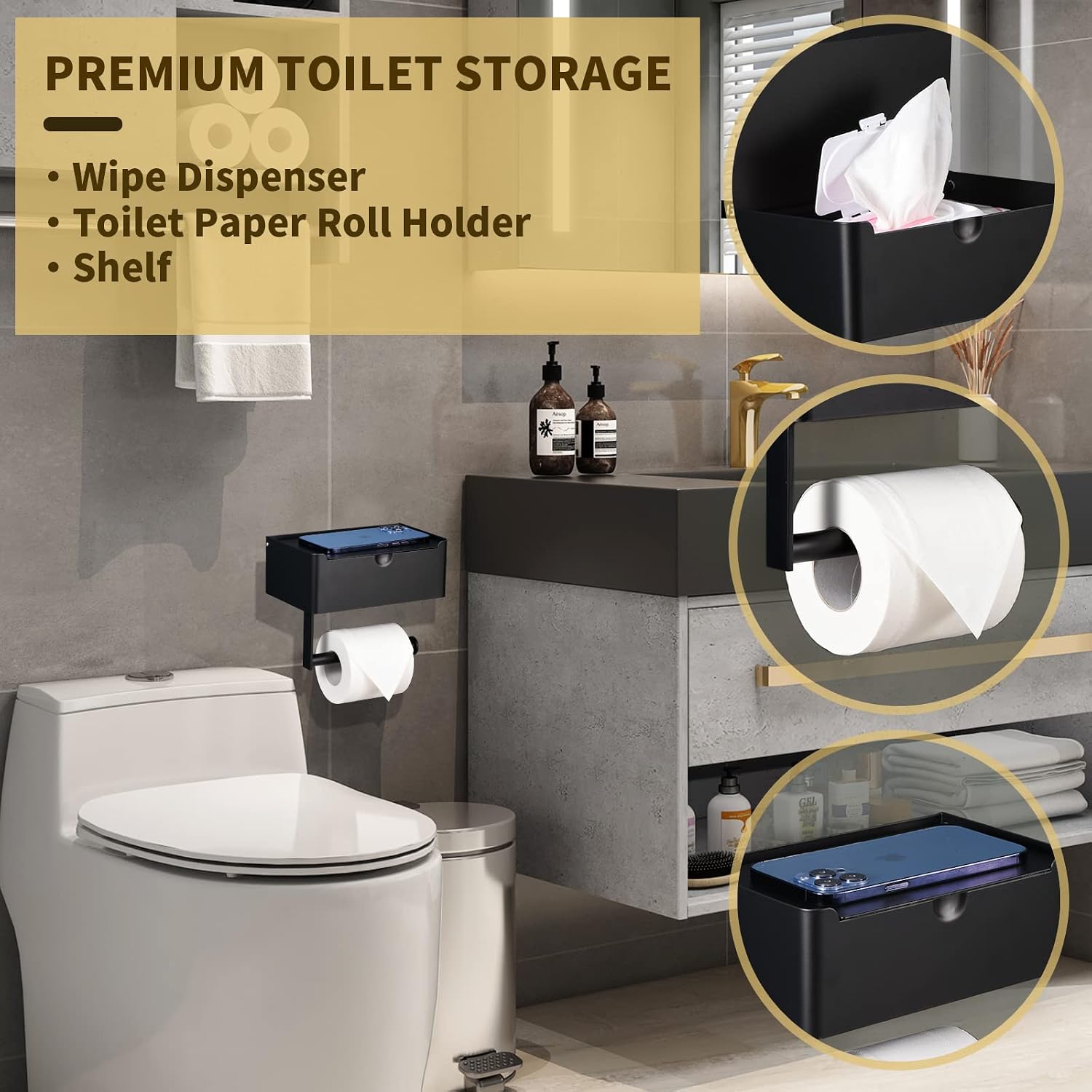 LAYUKI Toilet Paper Holder with Shelf, Wipe Holder for Bathroom, Large, Stainless Steel, Wall Mounted, Matt Black