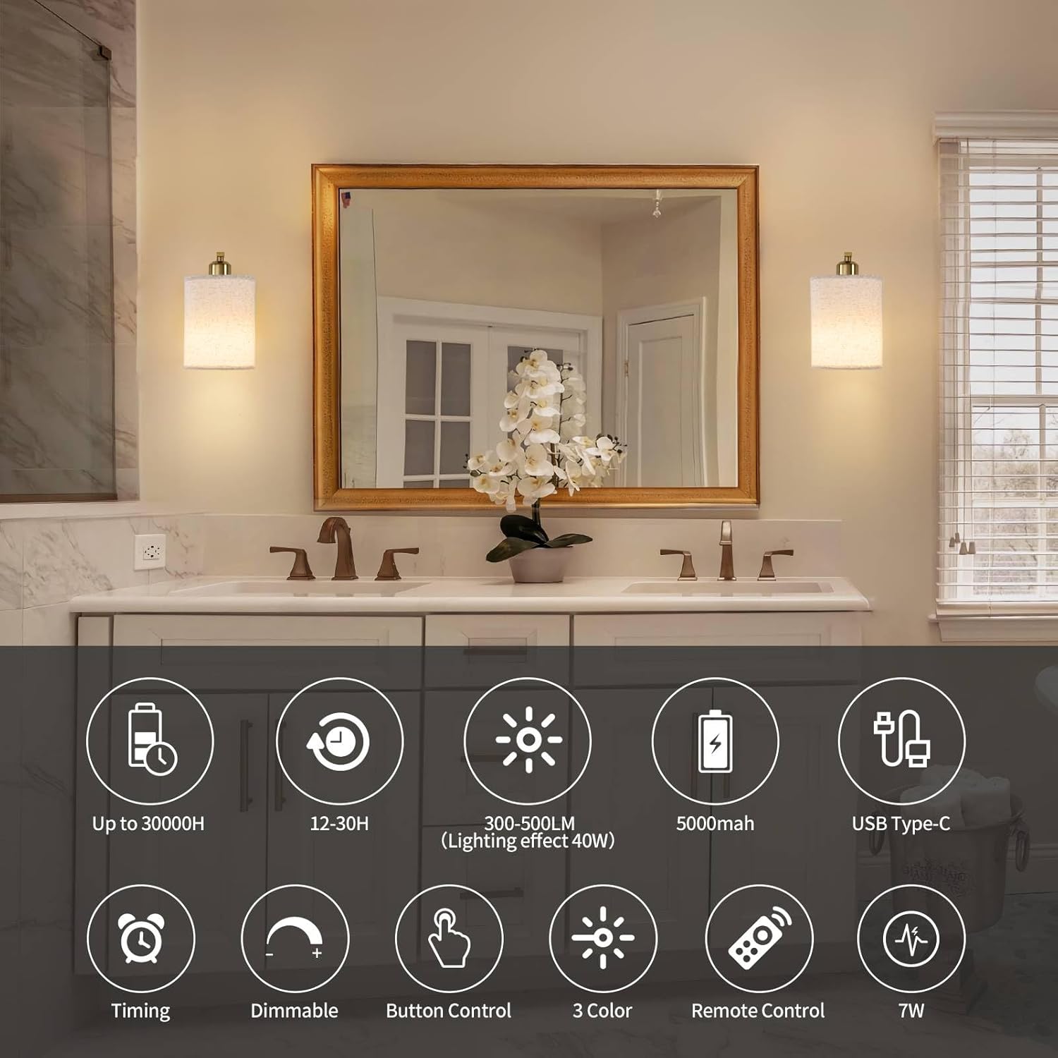 Powfloven Gold Rechargeable Wall Sconces Set of 2 with Remote, Wireless Battery Operated Dimmable LED Wall Lights