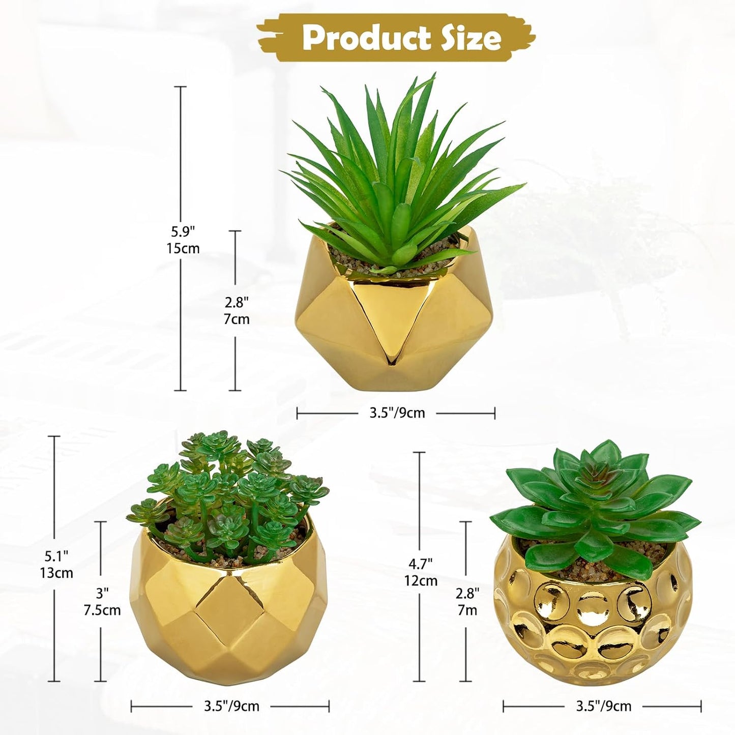 Artificial Succulents Plants in Ceramic Pots / Gold# / Set of 3
