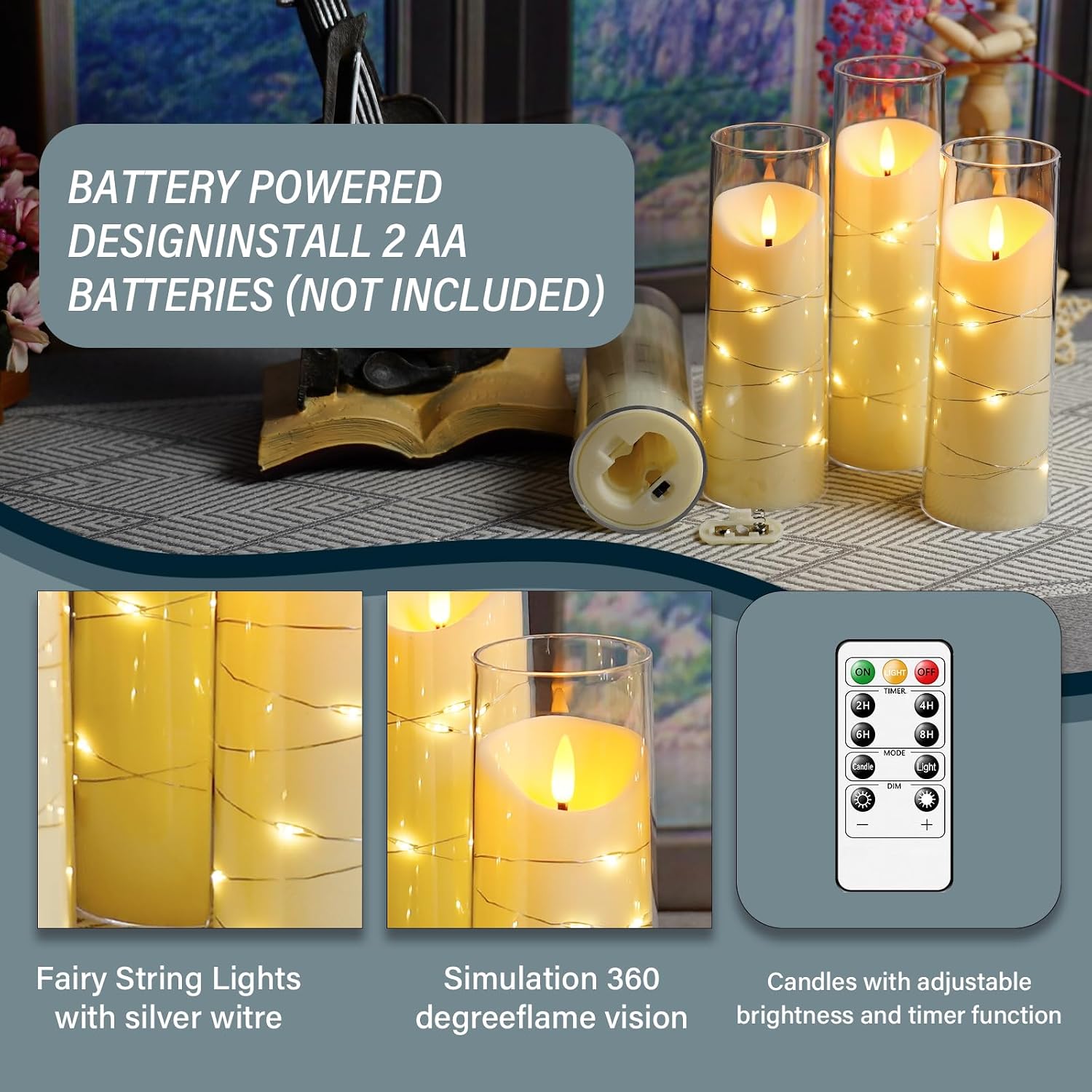 Eebuss Flameless Candles with Embedded Star String, Battery Operated LED Pillar Candles with Timer and Remote