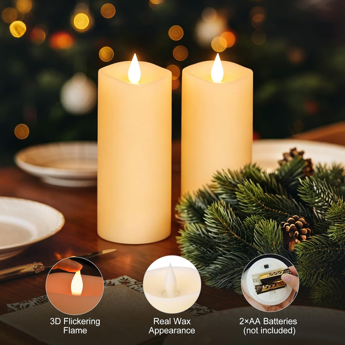 2PCS, 3 x 7 inches Flameless Candle with Remote Control, 3D Flickering Wick, Real Wax, Battery Candles,with
