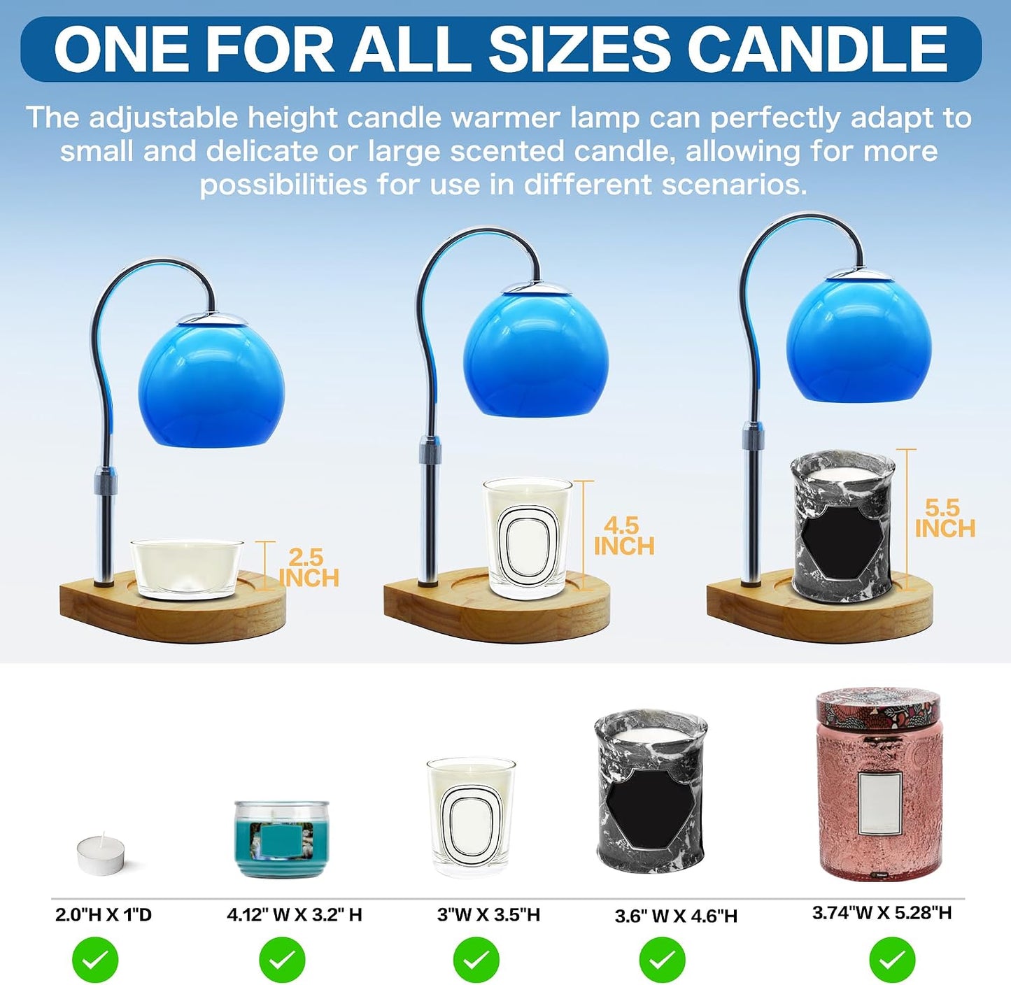 Candle Warmer Lamp with Timer 2H/4H/8H, Adjustable Height, Ocean | Dimmable Candle Lamp with 2 Bulbs, Wax Melt Warmer