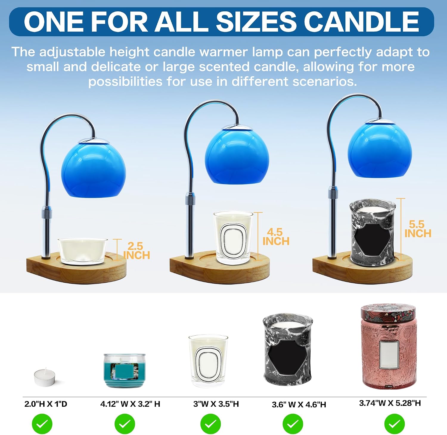 Candle Warmer Lamp with Timer 2H/4H/8H, Adjustable Height, Ocean | Dimmable Candle Lamp with 2 Bulbs, Wax Melt Warmer