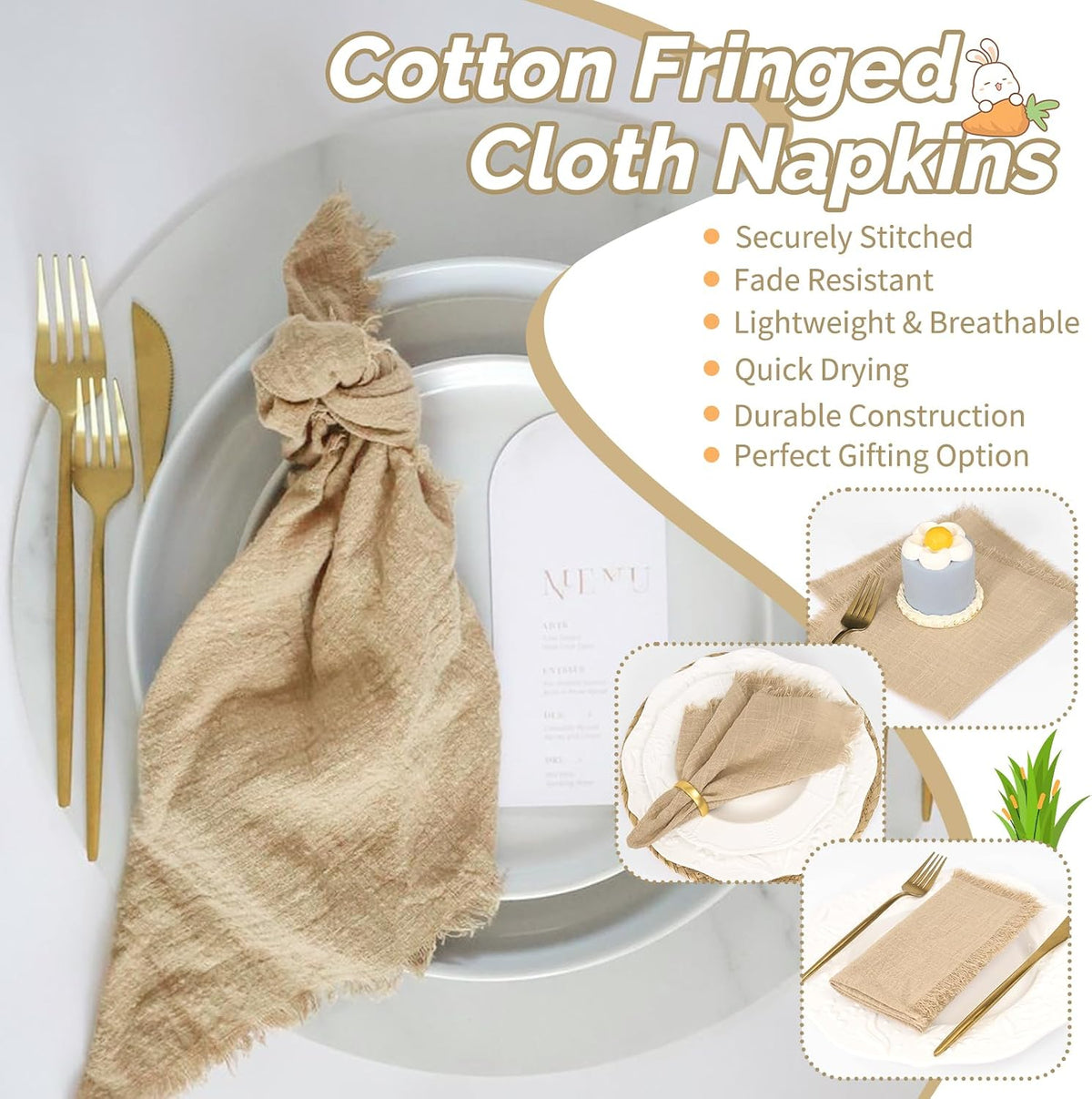 Showgeous 60 Pack Caramel Cloth Napkins with Fringe, 16x16 inch 100% Cotton | Caramel Napkins Handmade Dinner Napkins