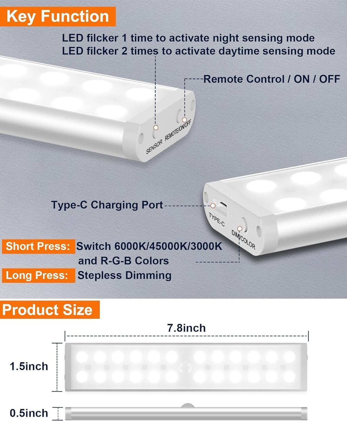 Under Cabinet Lighting Wireless, RGB LED Closet Lights, 4 Pack | 58 LEDs,Rechargeable Motion Sensor Light Indoor