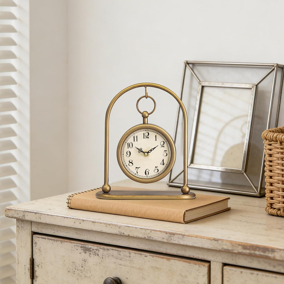 Vintage Small Gold Table Clock, Farmhouse Table Clock, Silent Non-Ticking Battery Operated Desk and Shelf Clocks for
