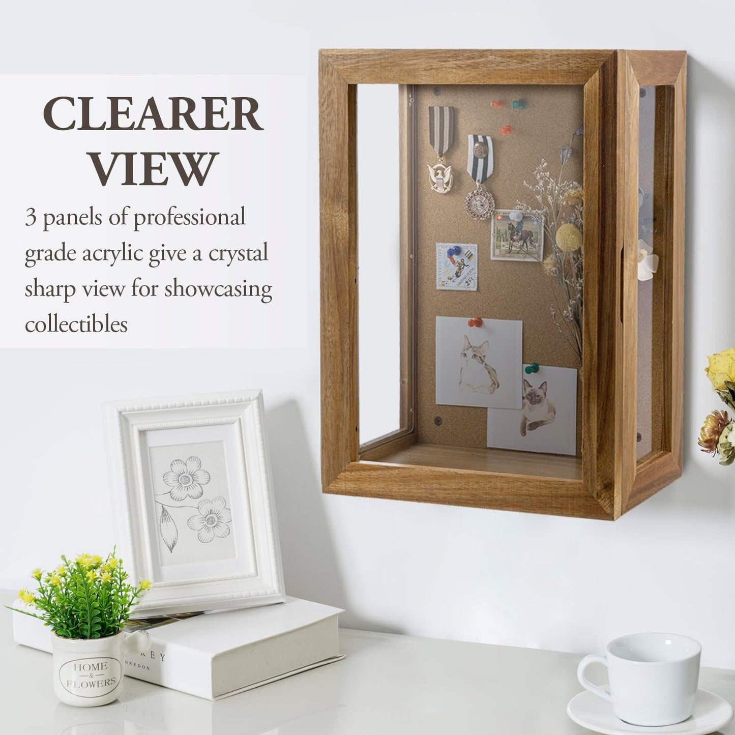 MyGift 11 x 15 Inch Wall Mounted Acacia Solid Wood Deep Shadow Box | Cork Back, Premium Clear Acrylic Viewing Panels