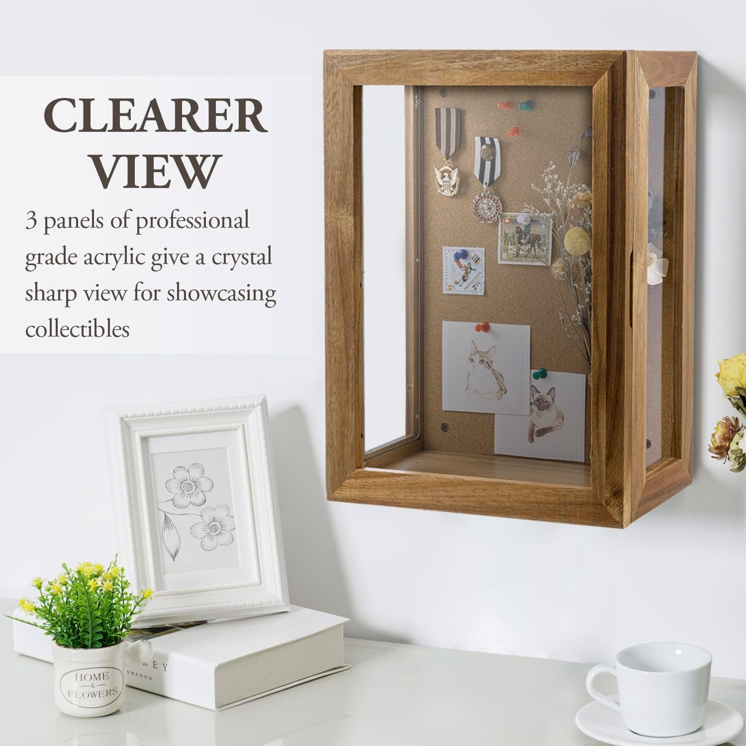 MyGift 11 x 15 Inch Wall Mounted Acacia Solid Wood Deep Shadow Box | Cork Back, Premium Clear Acrylic Viewing Panels