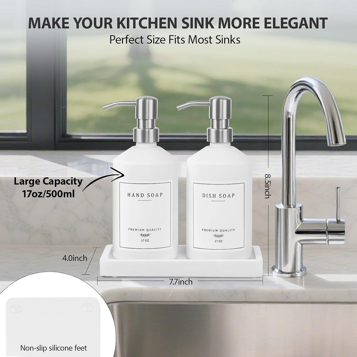White Glass Soap Dispenser for Kitchen, Dish and Hand Soap Dispenser with Silver Stainless Steel Pump, Modern Kitchen