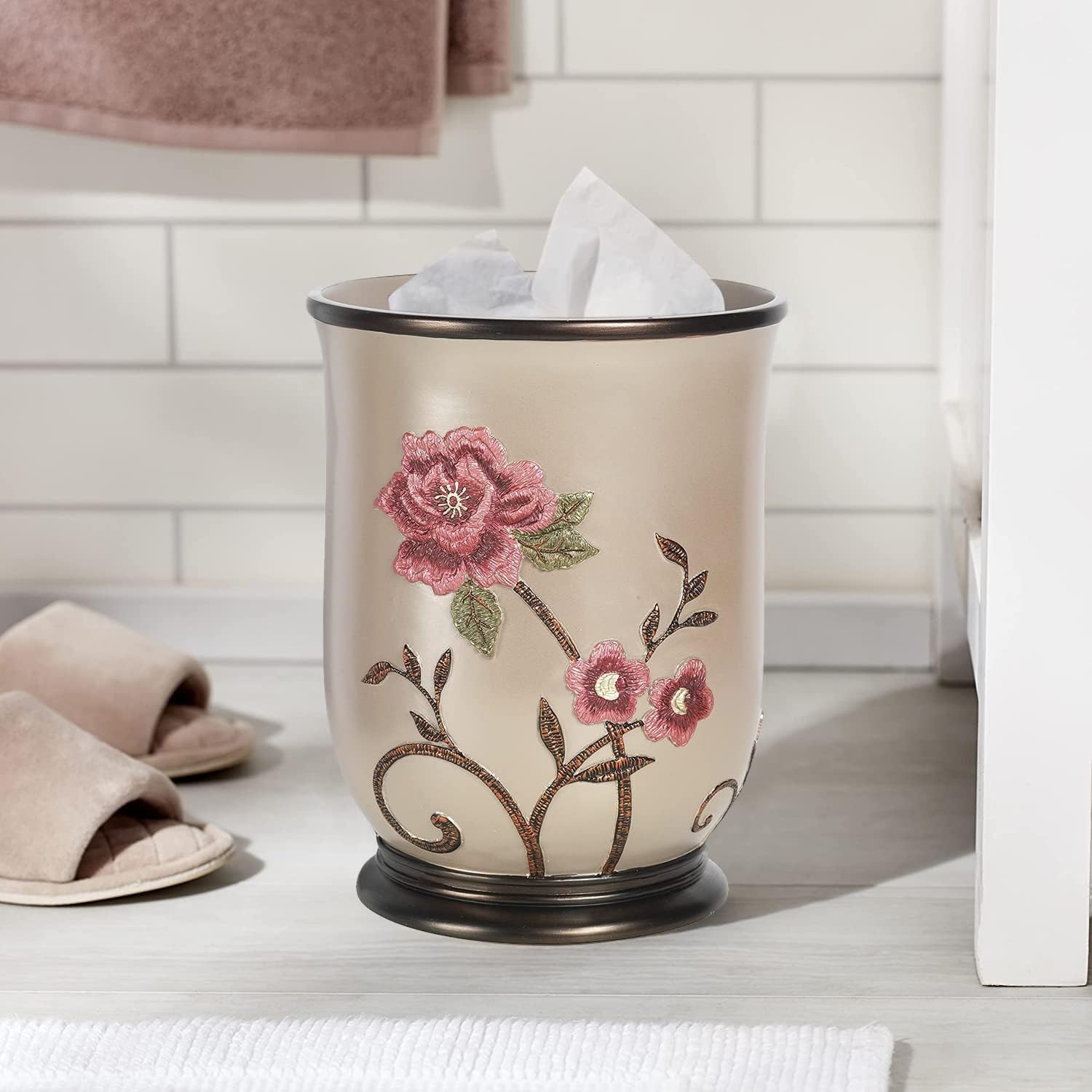Zahari Home 2pc Larrisa Floral Bathroom Decor Set Waste Basket for Bathroom & Tissue Cover Modern Classic Contemporary