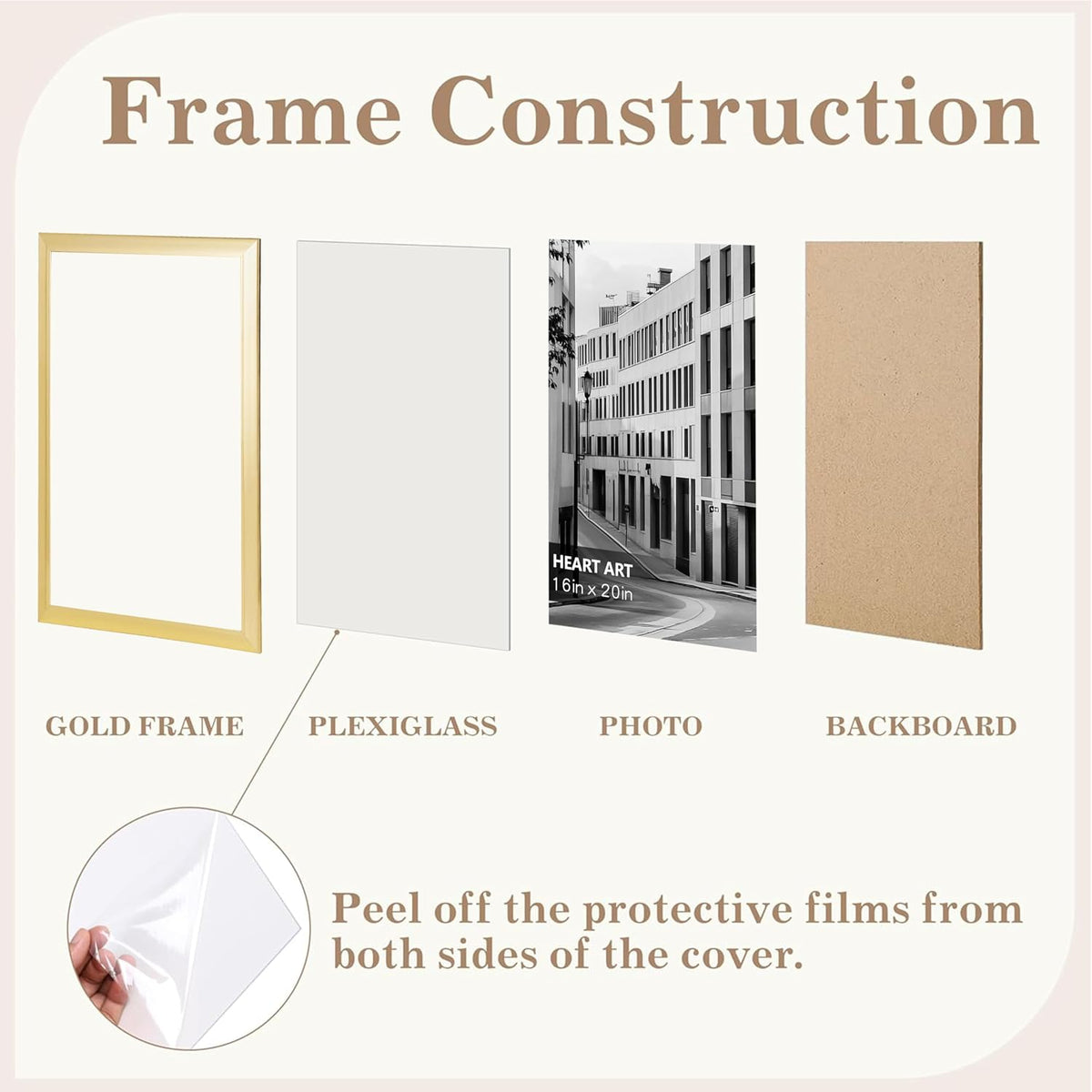 HEART ART 16x20 Picture Frames Without Mat Set of 4, Gold | picture frames 16 x 20 Picture Frames