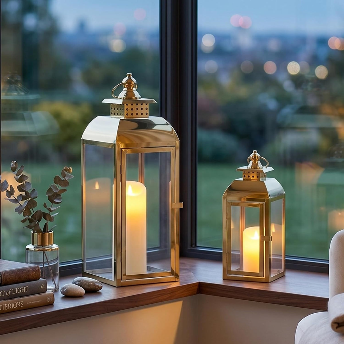 JHY DESIGN Set of 2 Stainless Steel Decorative Candle Lanterns 20.5"&15" High Metal Candle Lanterns for Indoor Outdoor
