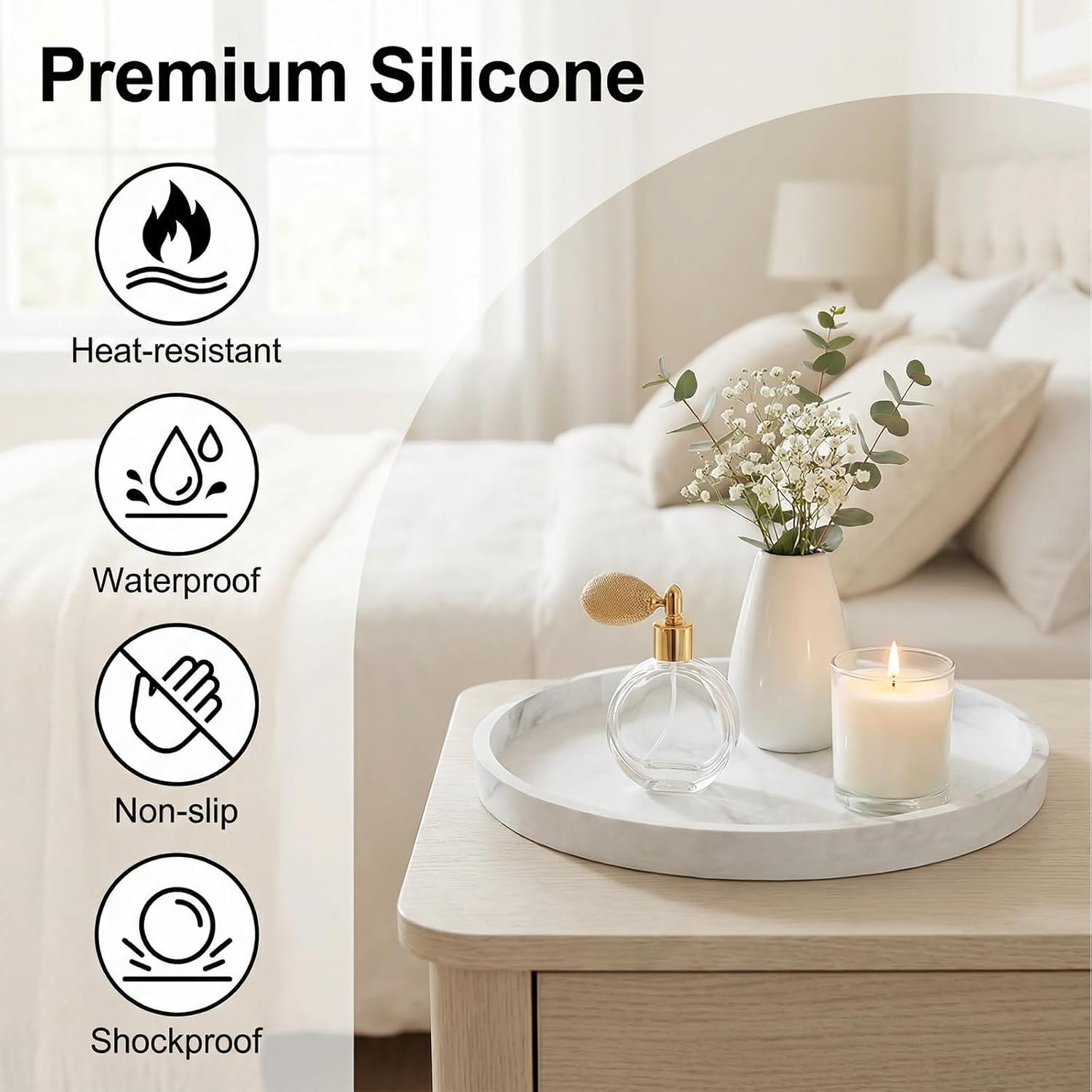 Counter Tray / Round Silicone Decorative Bathroom Vanity Tray / Marble White / 9.1 / 9.06 Inch