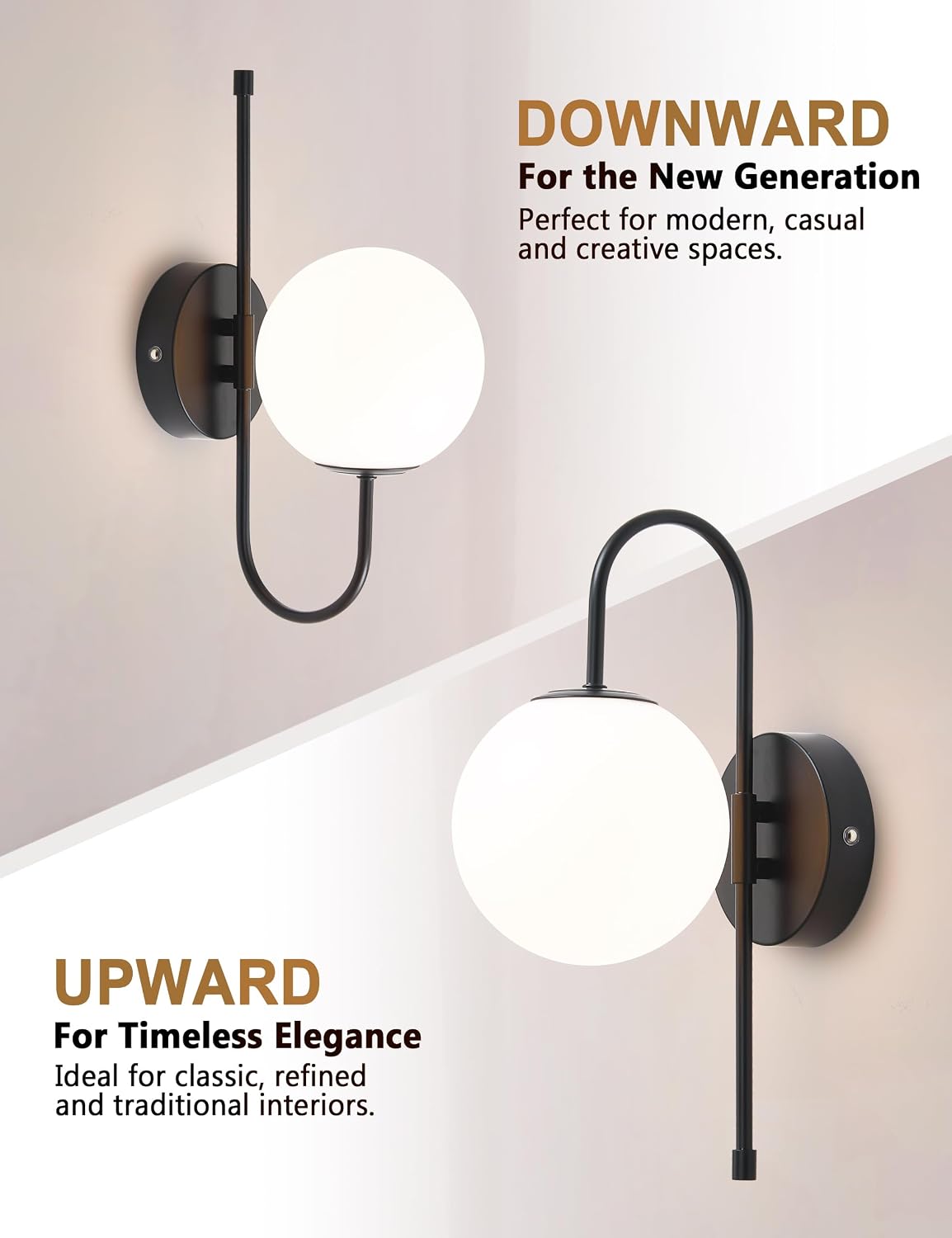 Battery Operated Gooseneck Wall Sconces, Matte Black Globe Glass Set of 2