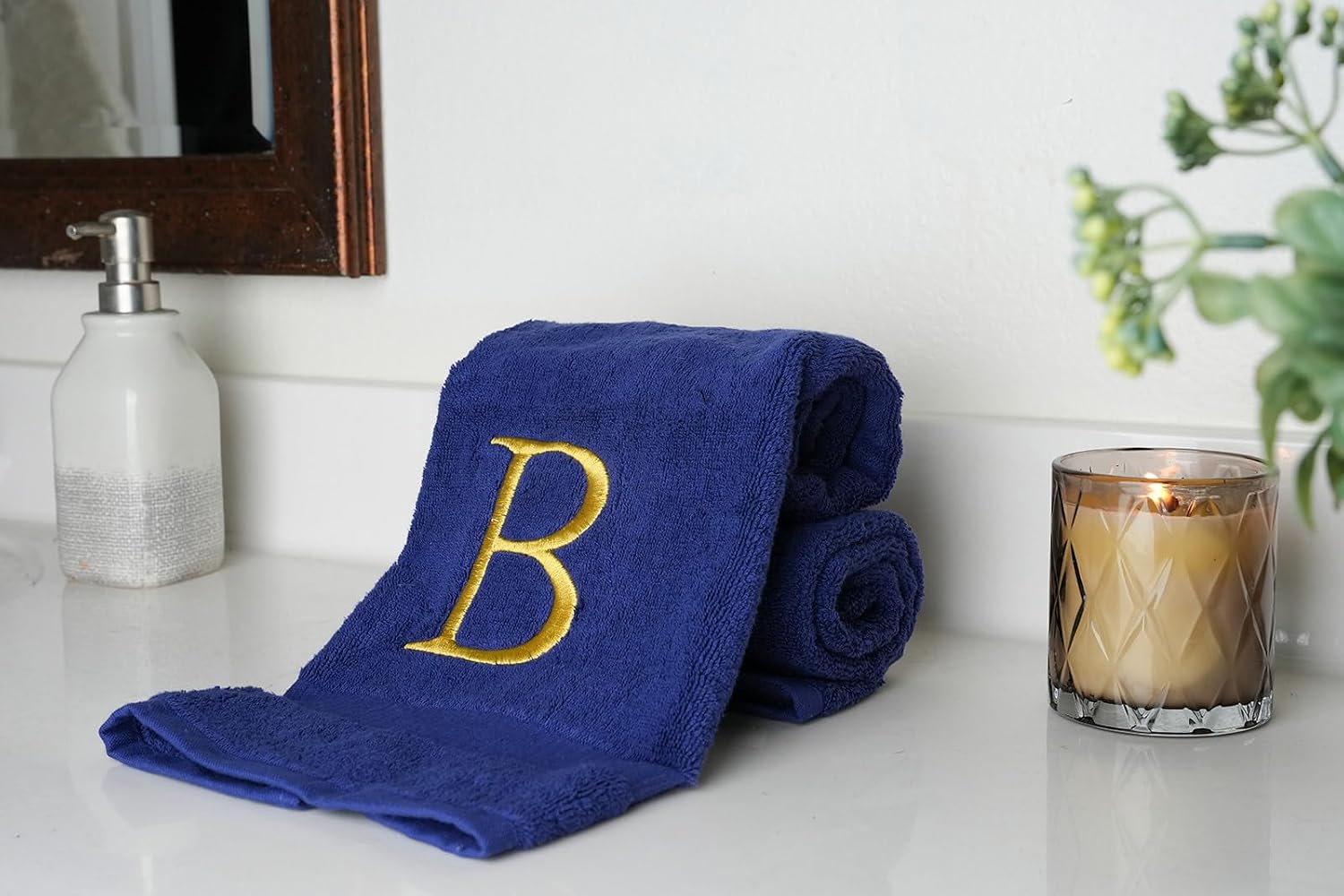 Navy with Gold Monogrammed Hand Towels for Bathroom - Set of 2 Letter B | Luxury Hotel Quality Initial Towels For