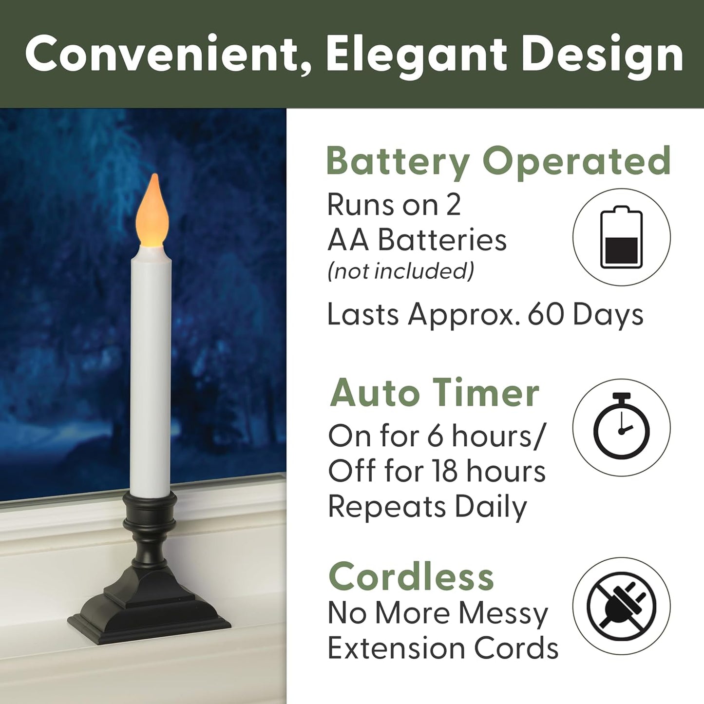 Battery Operated LED Window Candles with Timer, Antique Bronze | Flickering Amber Flame, Flameless Christmas Window