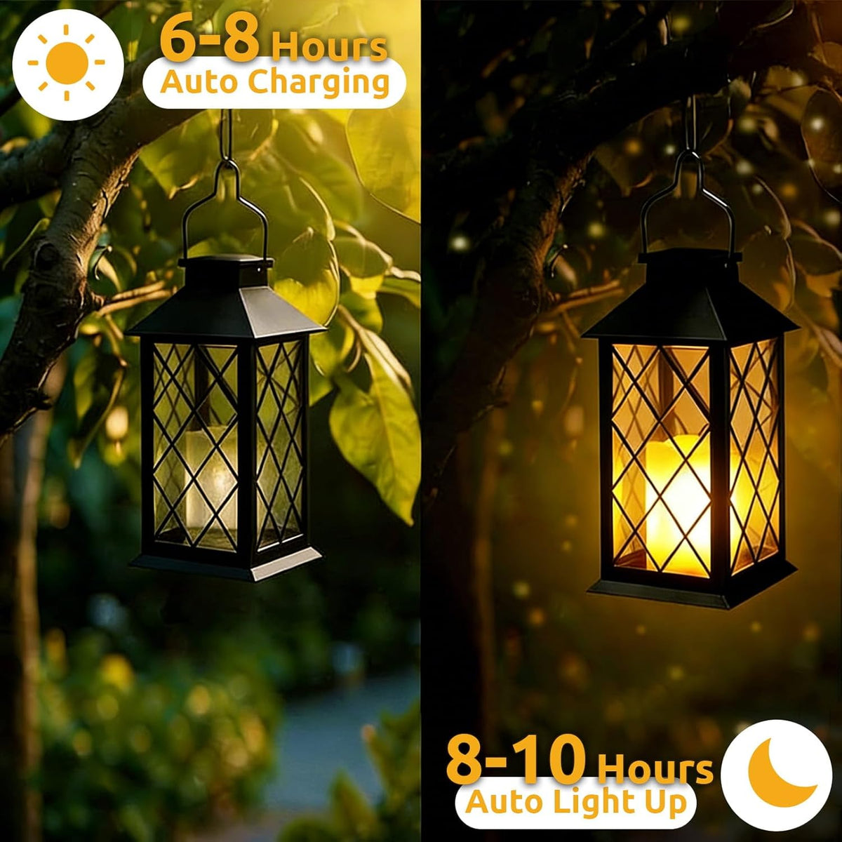 2 Pack 14" Large Tempered Glass Solar Lanterns Outdoor Waterproof | Black retro solar lantern with flickering flameless